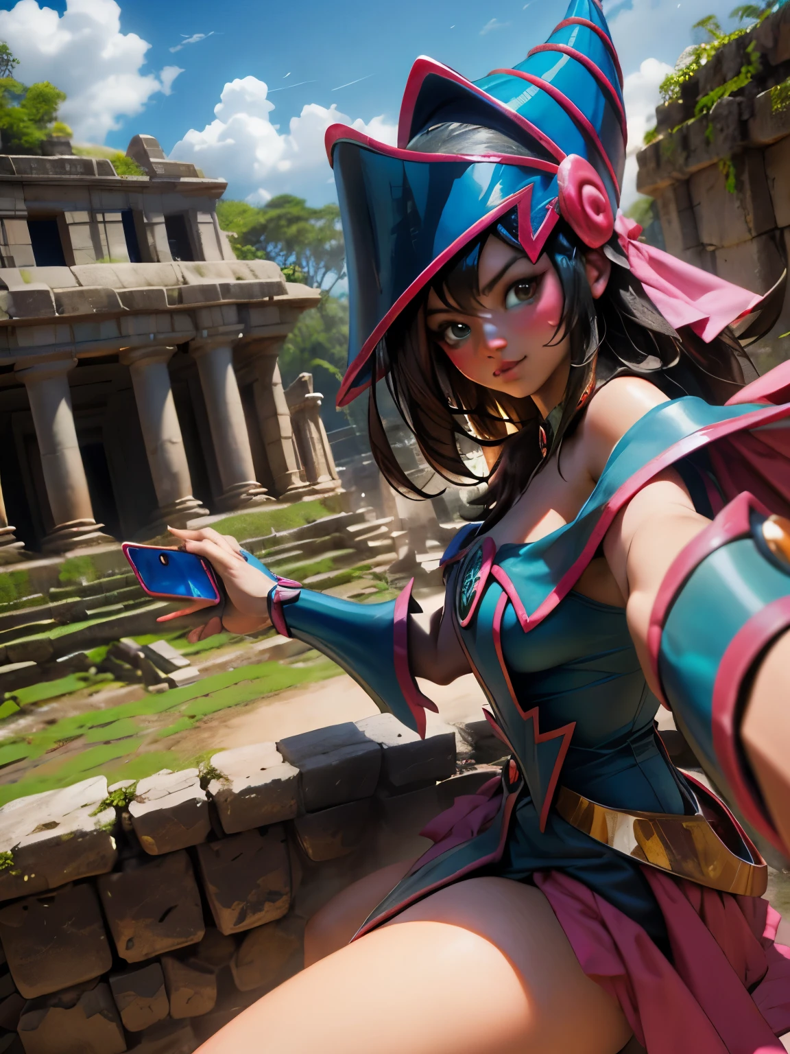 Dark magician taking a selfie in some Mayan ruins. Ella tiene cabello rubio. ojos azules. Labios rojos. Se toma una selfies en  unas ruinas mayas. Selva y jaguares a si alrededor 