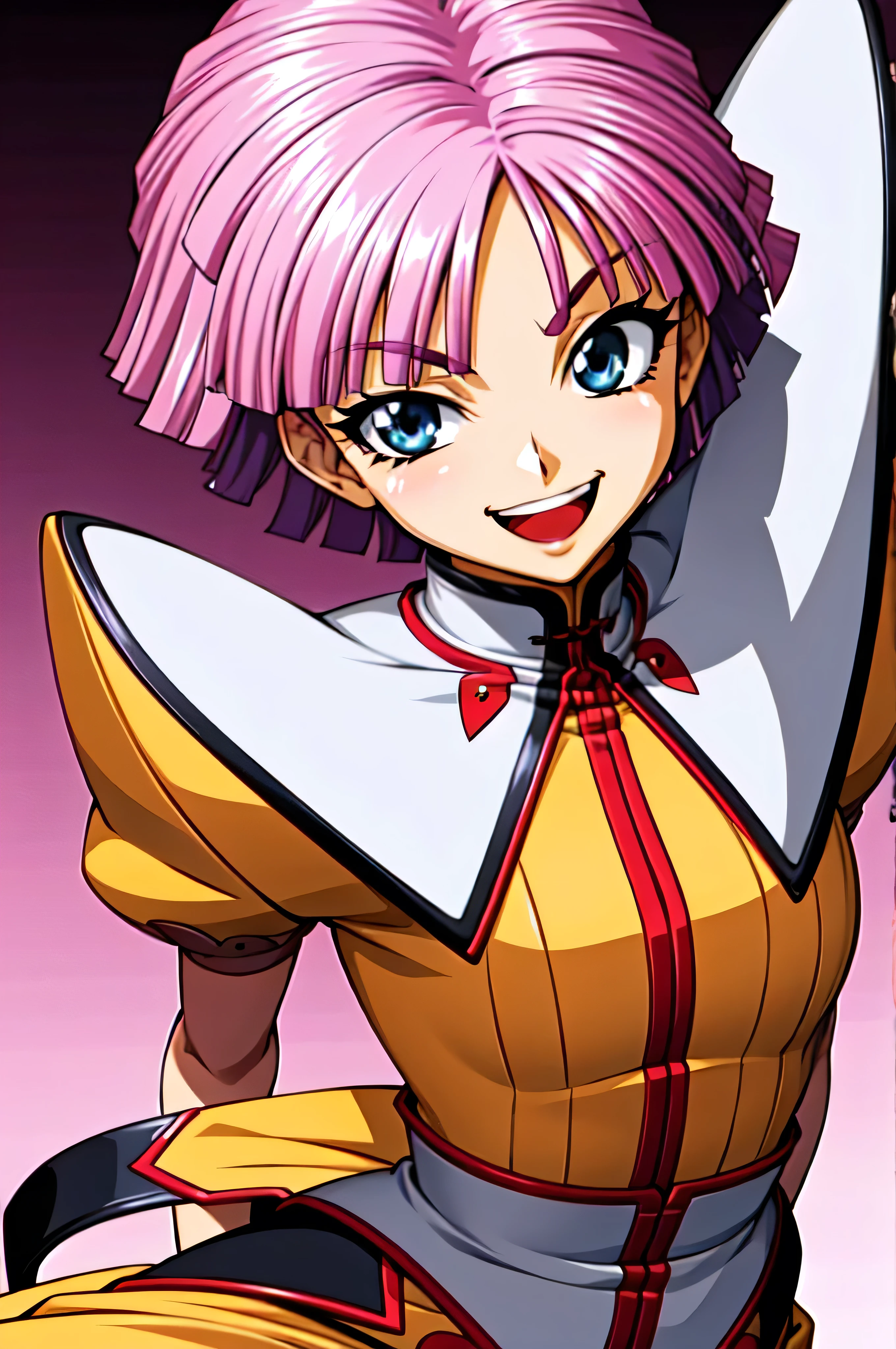 (best_quality 4K, 8K, High resolution, Masterpiece: 1.2), ultra detailed),from_below,(anime_screencap),(1girl,solo),dynamic_angle,very evil_smile,very evil laugh at,tis,shadeded_face,very sadistic,bob short  hair,,black and pink background,