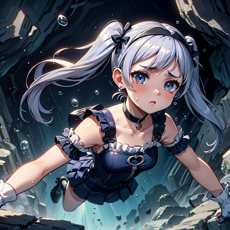 masterpiece,highest quality,Very detailed,One girl,alone,Panic, with eyes open,tears,tear up,
brother,Double good,Twin tails,Parted bangs,Circlet,jewelry,Earrings,choker,,White gloves,Elbow hand pockets,Blue Skirt,

Cave Diving,(diving),floating,swimming,,whole body,Shorthand,Reach out to your audience,air bubble,bubble,Hold your breath,Pouting,