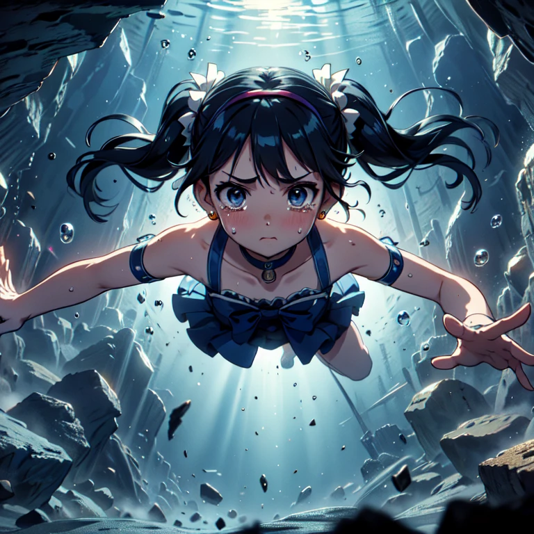 masterpiece,highest quality,Very detailed,One girl,alone,Panic, with eyes open,tears,tear up,
brother,Double good,Twin tails,Parted bangs,Circlet,jewelry,Earrings,choker,,White gloves,Elbow hand pockets,Blue Skirt,

Cave Diving,(diving),floating,swimming,,whole body,Shorthand,Reach out to your audience,air bubble,bubble,Hold your breath,Pouting,