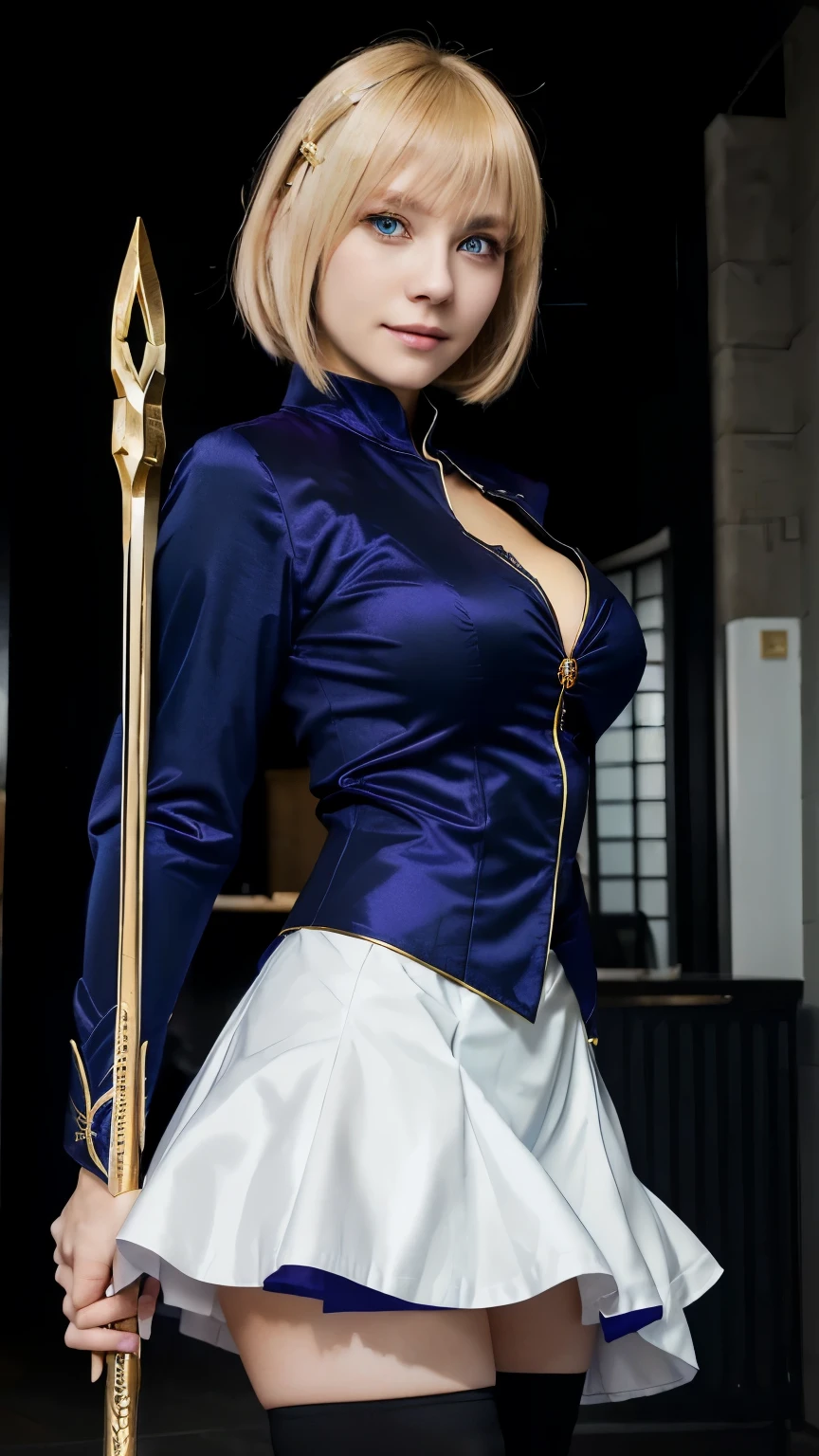 arafed image of a woman in a short skirt holding a scepter, artoria pendragon, anime girl cosplay, full-cosplay, ayaka cosplay, anime cosplay, professional cosplay, lux from league of legends, ayaka genshin impact, fate grand order, sakimichan frank franzzeta, cosplay photo, beautiful celestial mage, beautiful female, mature female, short blonde hair, forehead, blue eyes, evil look, closed mouth, smile, black shirt, long sleeves, purple vest, long white skirt, gold scepter, black pantyhose, cowboy shot, looking at viewer, government office, indoors