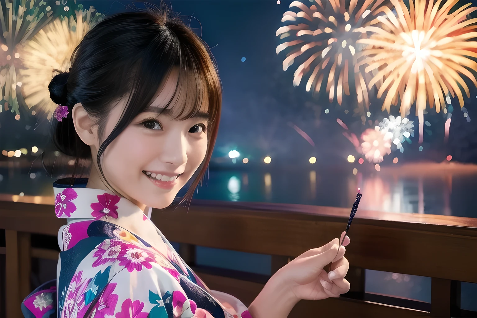 TOP quality,8K, masterpiece, (realistic:1.2), (1girl:1.2), japanese, 20yo,(laugh:1.0),(yukata),(sexy:1.3),(portrait), (fireworks:1.3)