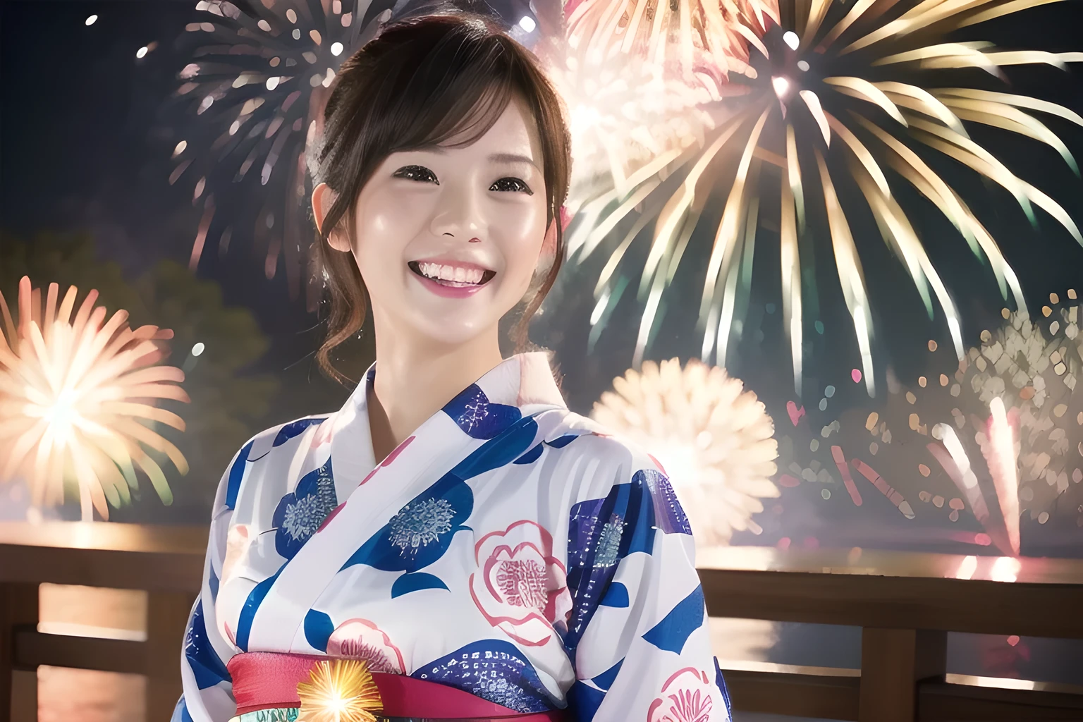 TOP quality,8K, masterpiece, (realistic:1.2), (1girl:1.2), japanese, 20yo,(laugh:1.0),(yukata),(sexy:1.3),(portrait), (fireworks:1.3)