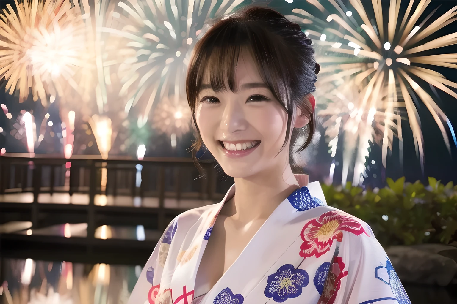 TOP quality,8K, masterpiece, (realistic:1.2), (1girl:1.2), japanese, 20yo,(laugh:1.0),(yukata),(sexy:1.3),(portrait), (fireworks:1.3)