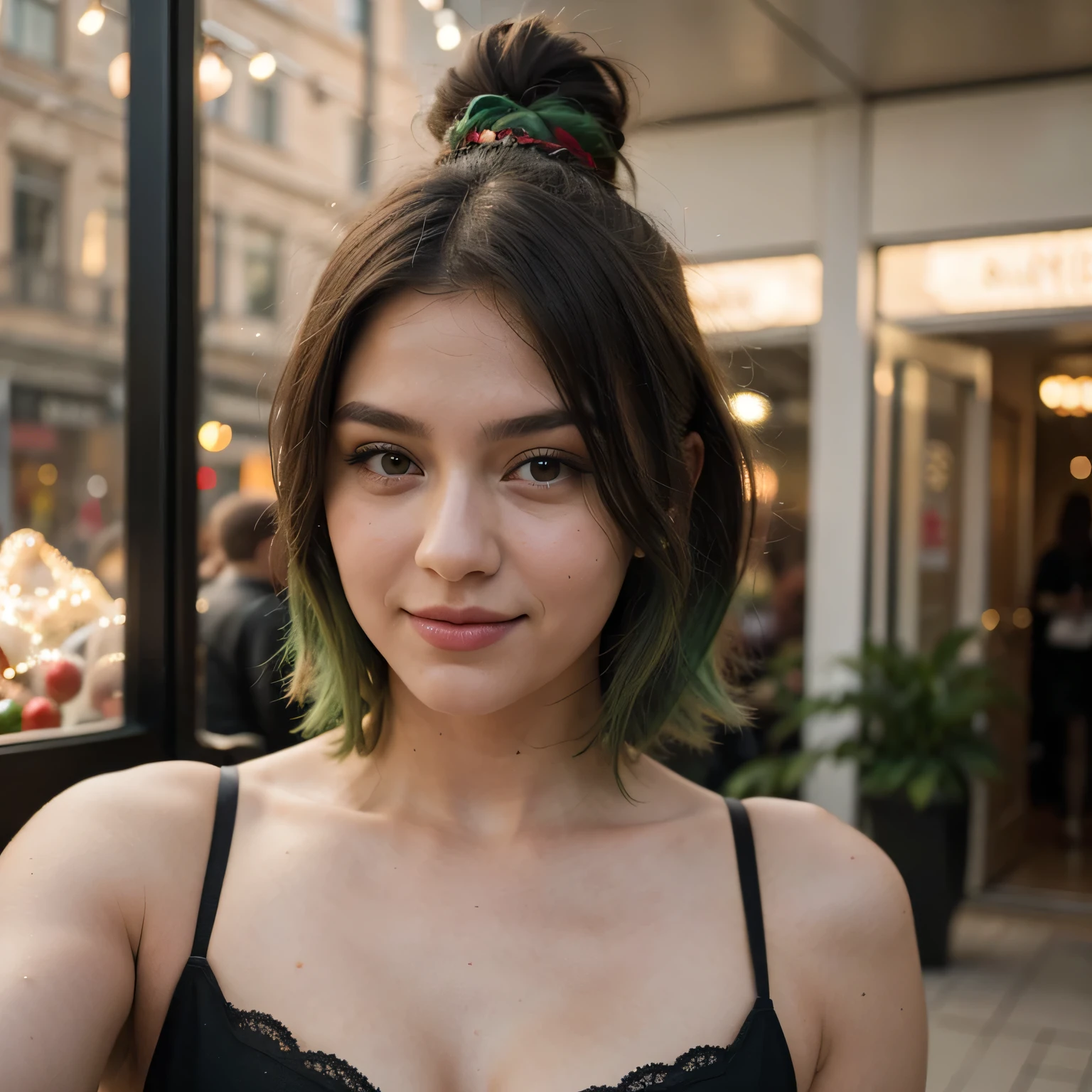 1girls, Nur, green Hair , 24 years old , She should have short hair, her hair should be at shoulder level and slightly above her shoulders, her hair tips will be green, especially her hair tips will be green, she should dress like a stylish phenomenon, she should be extremely realistic and flawless, in selfie mode for Instagram, dressed like a Snapchat phenomenon.  A photo of standing and happy in a city decorated with Christmas motifs.Best Quality, 8K, Masterpiece:1.3)), Focus: 1.2, Perfect Body Beauty: 1.4, Hips: 1.2, ,  High Detail Facial and Skin Texture, Thin Eyes, Double Eyelids, , Smile, 