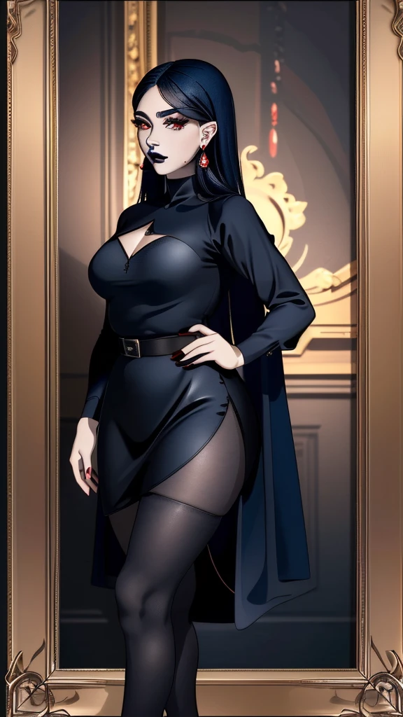(best quality), (masterpiece), (detailed), (realistic), ((the whole body is in the frame)), (looks at the viewer), 1 girl, (dark blue hair, black lipstick, red eyes, black narrow pupils, red drop earrings, thick long eyelashes), black tight skirt, black blouse, black shoes, black tights, a mole on the left cheek from below, (agata:1.5) , 