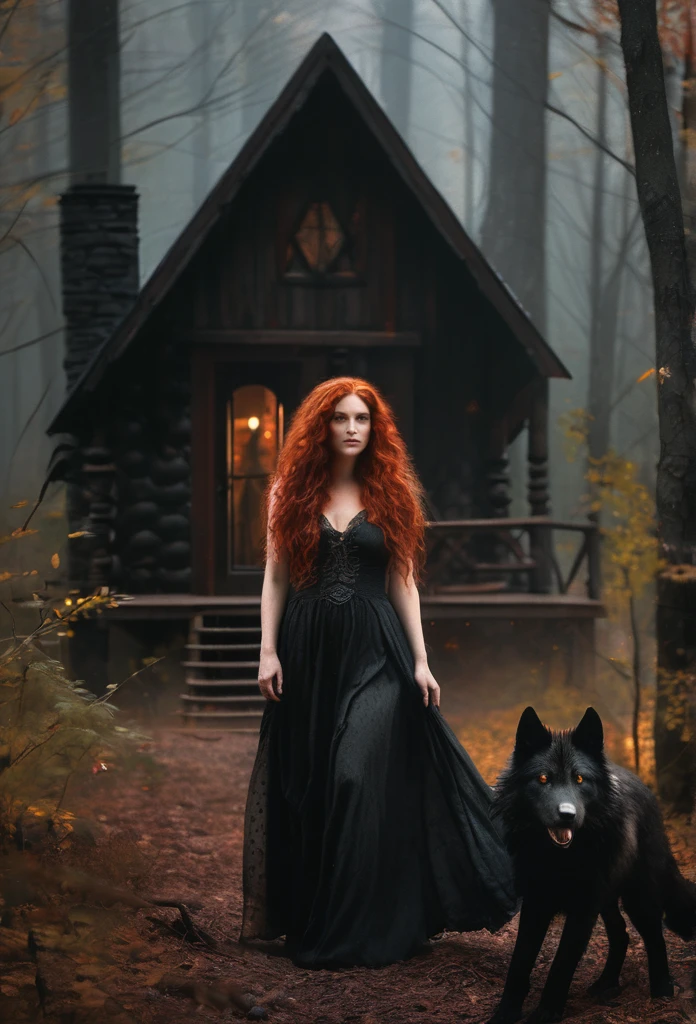 Book cover with a gothic woman with long red curly hair , gray eyes and cheeks dotted with freckles in a long, sensual black dress standing in front of a hidden cabin in the woods with a large black wolf lying at her feet
