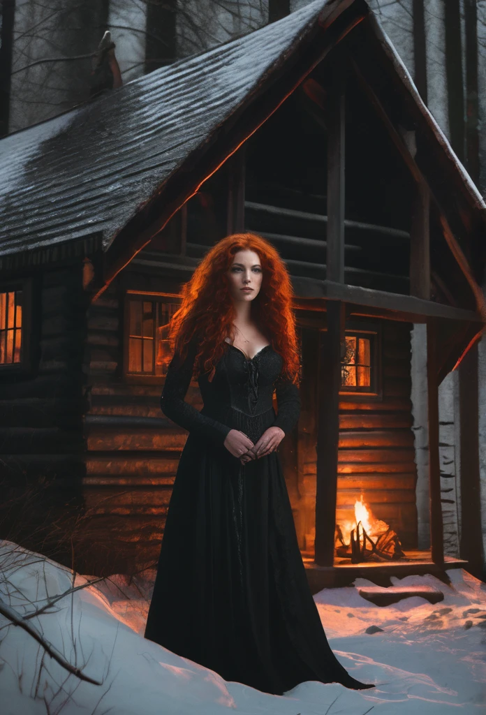 Book cover with a gothic woman with long red curly hair , gray eyes and cheeks dotted with freckles in a long, sensual black dress standing in front of a hidden cabin in the woods with a large black wolf lying at her feet
