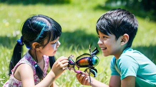 Children playing with beautiful iridescent stag beetles in the grassland、Kids playing with colorful rainbow stag beetles in the forest、
