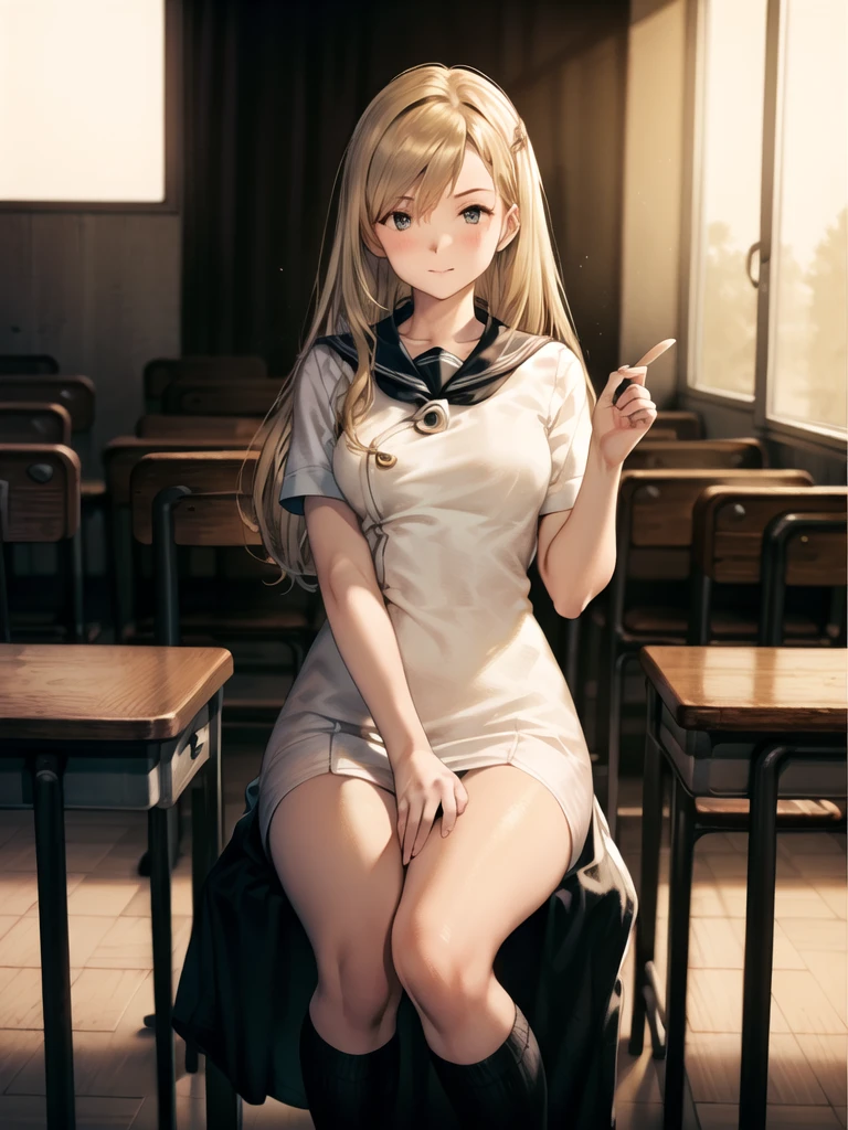 (Highly detailed CG Unity 8k wallpaper,masterpiece, highest quality, Super detailed),School classroom atmosphere,wood々Sunlight shining through the gaps,A beautiful blonde high school girl with twin tails and ahoge(D Cup),Smartphone in hand,Tinker,Beautiful black-haired ,Skinny and flat chested, Wearing a sailor uniform,Sitting on a chair、He is having a conversation with a blonde girl sitting at a desk.,in the evening.