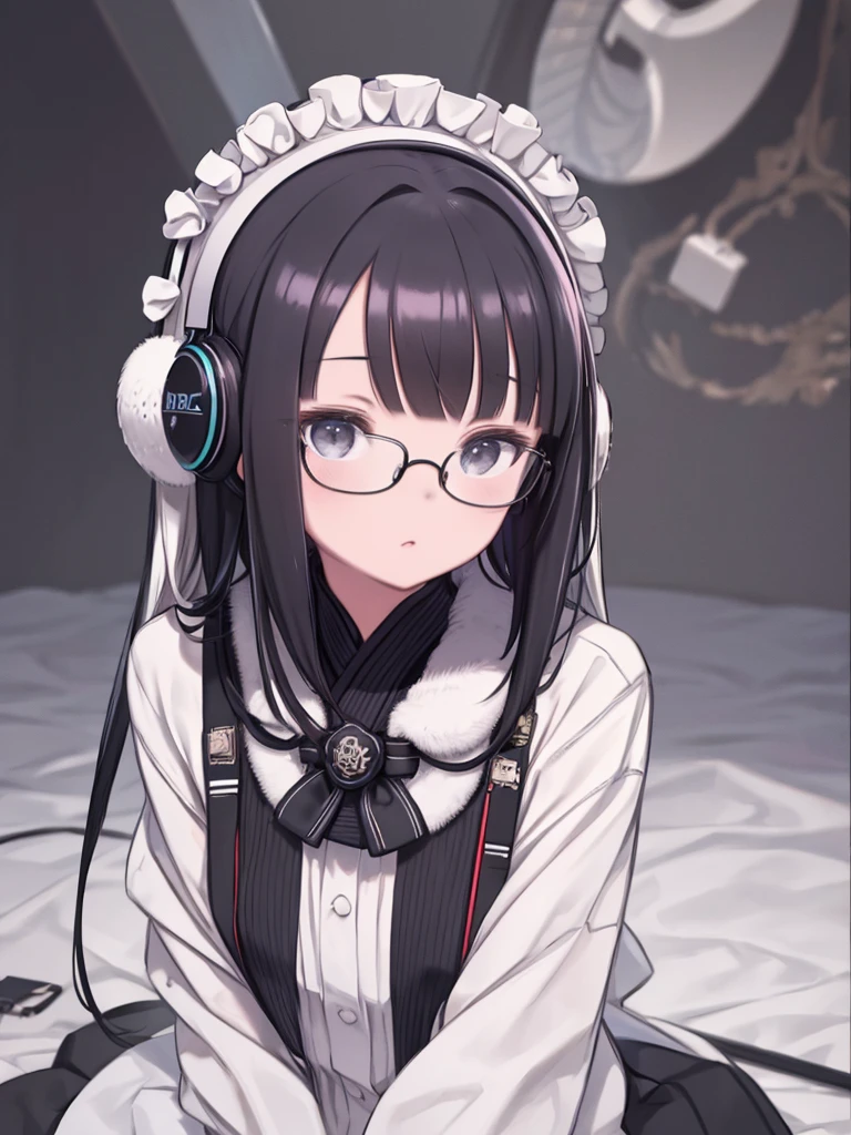 masterpiece、highest quality、High resolution、Very detailed、Medium wide shot、Girl、Half-split hair color、Black Hair、White Hair、Glasses、Headphones、