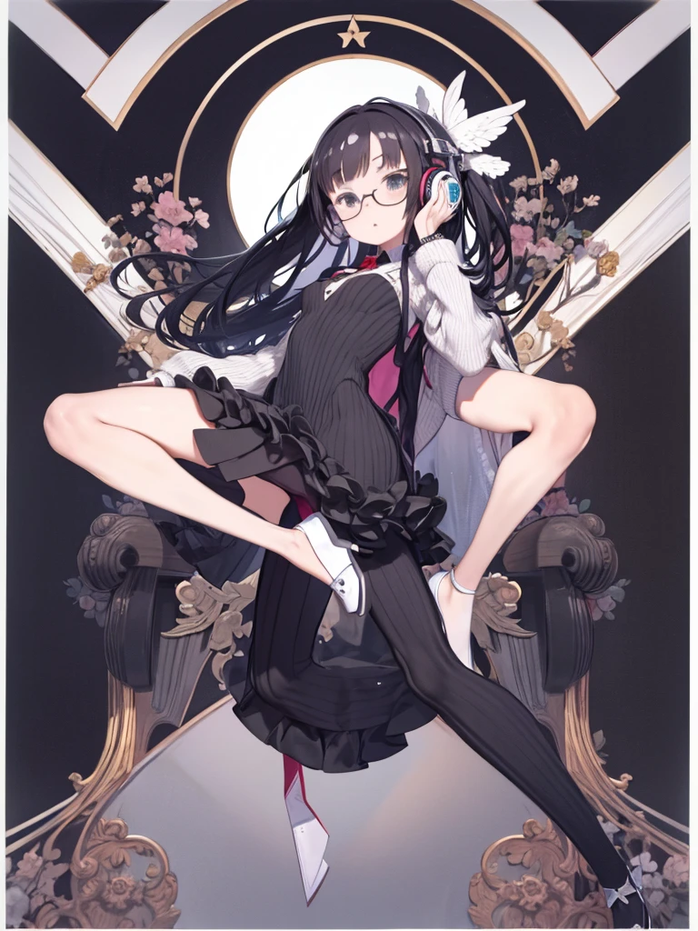 masterpiece、highest quality、High resolution、Very detailed、Medium wide shot、Girl、Half-split hair color、Black Hair、White Hair、Glasses、Headphones、