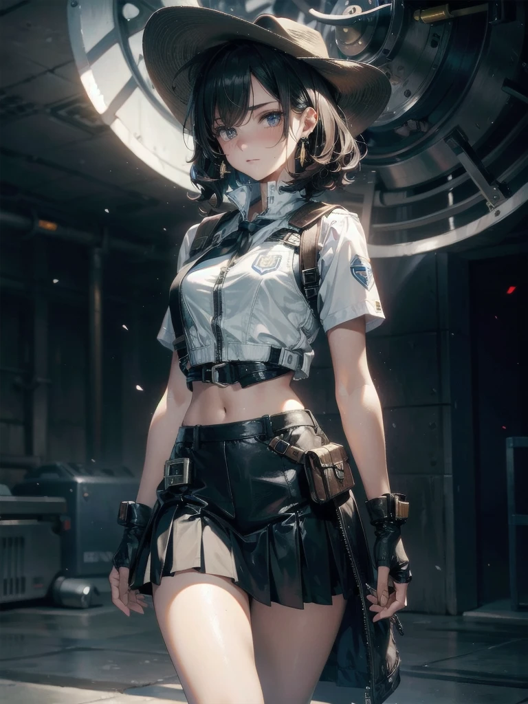 Sci-Fi fashion, high-tech Equipment, future, cowgirl costume, vest, cowboy hat, fingerless gloves, midriff, neckerchief, short skirt, holster, absurdres, RAW photo, extremely delicate and beautiful, masterpiece, Best Quality, ultra high resolution, 32k, hyperrealistic, ultra-detailed, detailed description, pale skin, 20 years old, tearful mole, earring, short medium hair, wavy hair, whole body shot,