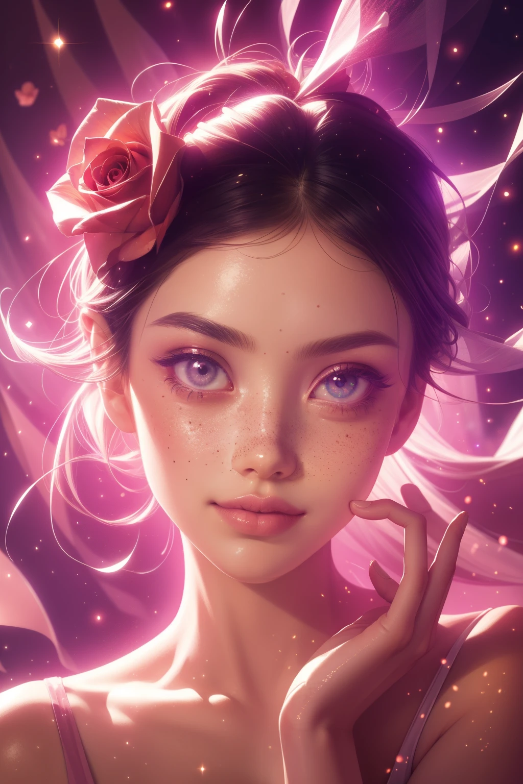 (This is a beautiful, intricate, (romatic) fantasy image that emphasizes beauty and grace.) Generate a blind curvy woman with milky eyes and soft natural freckles. Her face is important and should be (perfectly formed) with (beautiful puffy lips) and (perfect features). There is a cute freckle birthmark on her lip. The image exudes ethereal beauty and soft fantasy, with shimmering shades of pink throughout. Surround her with eternal roses in shimmering shades. Ensure perfection in her face, hair, and eyes. Include sweet and detailed birds and soft, luminous flowers and detailed roses. Utilize dynamic composition and dramatic lighting and cinematic lighting to create an interesting fantasy image. The background of the image is interesting and ultra-detailed, with soft fantasy lighting and gradients. Include fantasy details, cute aura, colorful, colourful, and interesting magical background. The image's background is decorated in shades of pink, shimmer, glitter, and fantasy details like colored bubbles and cosmos. Include subtle freckles, natural freckles and a diffused realistic skin tone. Incorporate elements of high fantasy, whimsy, and detailed elegance. English rose, princess, courtesan, noblewoman, sweet, lovely, calm, lovely, shimmering, glimmering, glittering, astrological fantasy, (((masterpiece))), (highest quality), magic rose, fantasy garden, beautiful face, perfect face, puffy lips, interesting, shy smile, fantasy elements, magic rose, beautiful eyes, perfect puffy lips, jewel tones, luminosity. Taken with a canon camera.