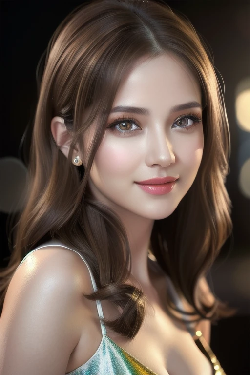 a beautiful russian woman in her 20s, light brown hair, fine white skin, attractive face, tight waist, cleavage, smiling kindly, active posing, detailed eyes, nose, lips, long eyelashes, perfectly balanced body, rough hairstyle, (best quality,8k,highres,masterpiece:1.2),ultra-detailed,(realistic,photorealistic,photo-realistic:1.37),HDR,UHD,studio lighting,ultra-fine painting,sharp focus,physically-based rendering,extreme detail description,professional,vivid colors,bokeh,portrait,seductive gaze