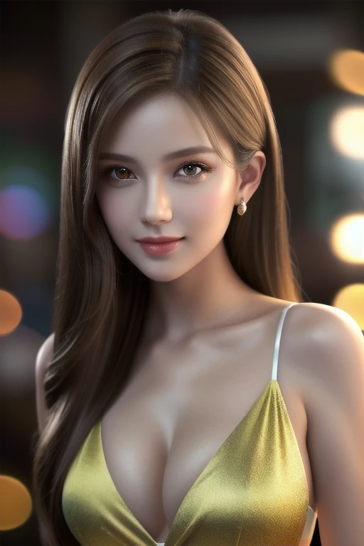 a beautiful russian woman in her 20s, light brown hair, fine white skin, attractive face, tight waist, cleavage, smiling kindly, active posing, detailed eyes, nose, lips, long eyelashes, perfectly balanced body, rough hairstyle, (best quality,8k,highres,masterpiece:1.2),ultra-detailed,(realistic,photorealistic,photo-realistic:1.37),HDR,UHD,studio lighting,ultra-fine painting,sharp focus,physically-based rendering,extreme detail description,professional,vivid colors,bokeh,portrait,seductive gaze