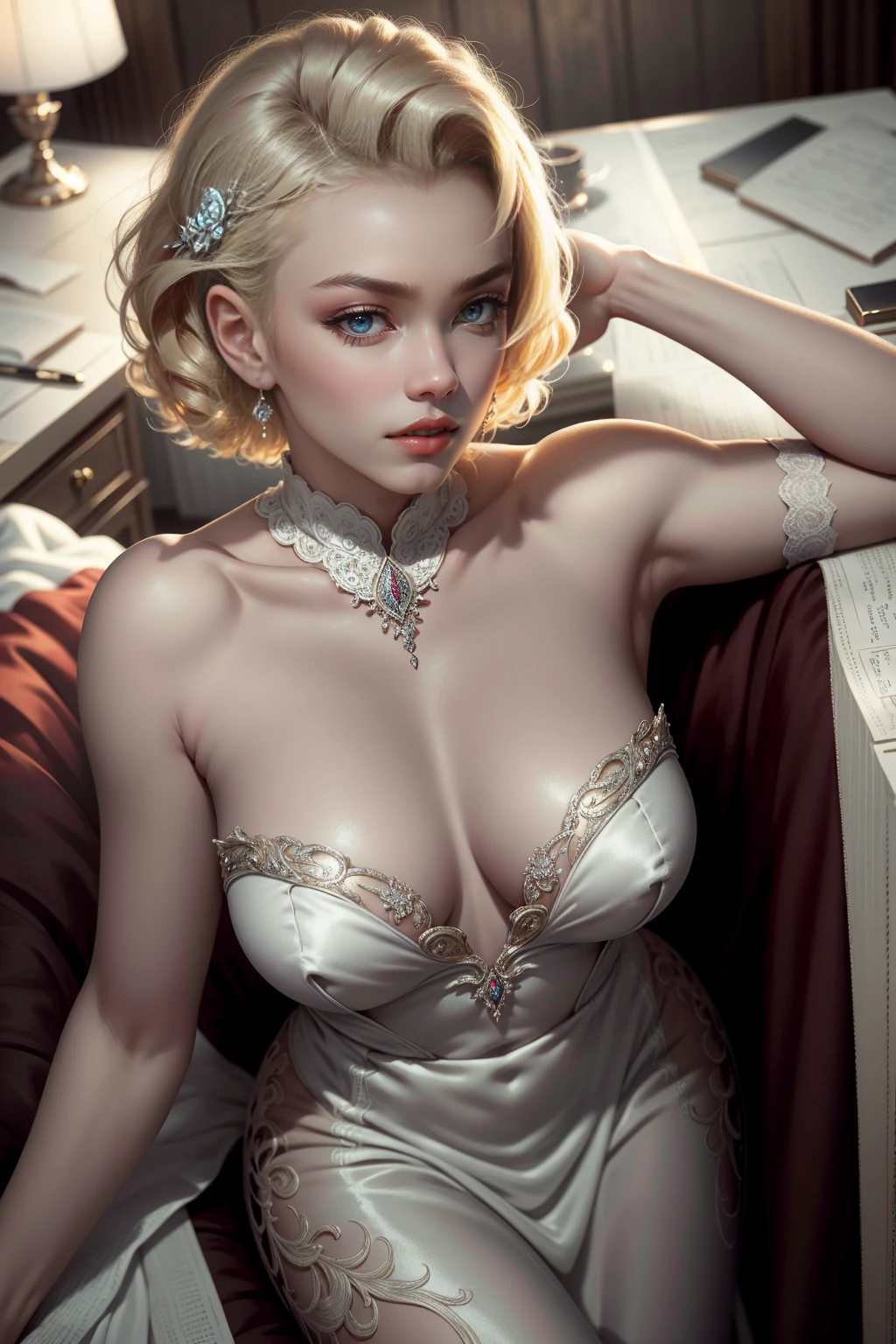 (Masterpiece - Ultra-Detailed, High Resolution) Prepare to be enchanted by a true masterpiece that combines ultra-detailed art with high-resolution rendering. This work shows a mesmerizing woman, with short, light blonde hair, 1950s style, Marilyn Monroe (1.3) and captivating dark brown eyes (1.2), (brown eyes). New York illustration style, wearing red lipstick, emanating an aura of elegance and mystery. Wearing classic 1950s clothing. sexy. Intricate details and realistic textures invite you to explore every aspect of this enchanting composition. Transparent white dress. reading, writing, walking, backwards, lying down, standing, dynamic poses, closed mouth. Different posture. Very sexy, with chin resting on shoulder. Get ready to dive into a world where beauty and craftsmanship merge perfectly.