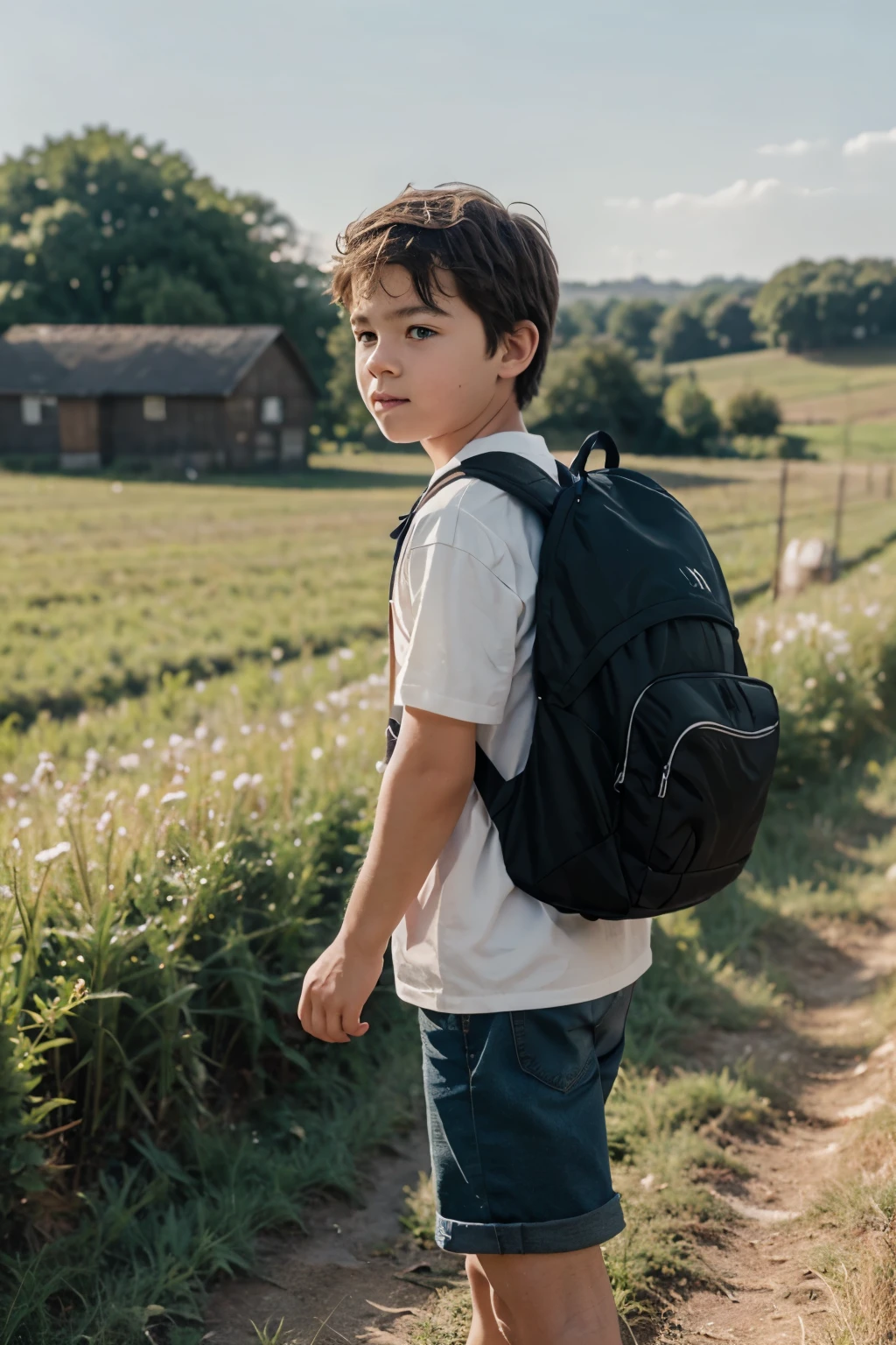 boy with backpack walking in the field