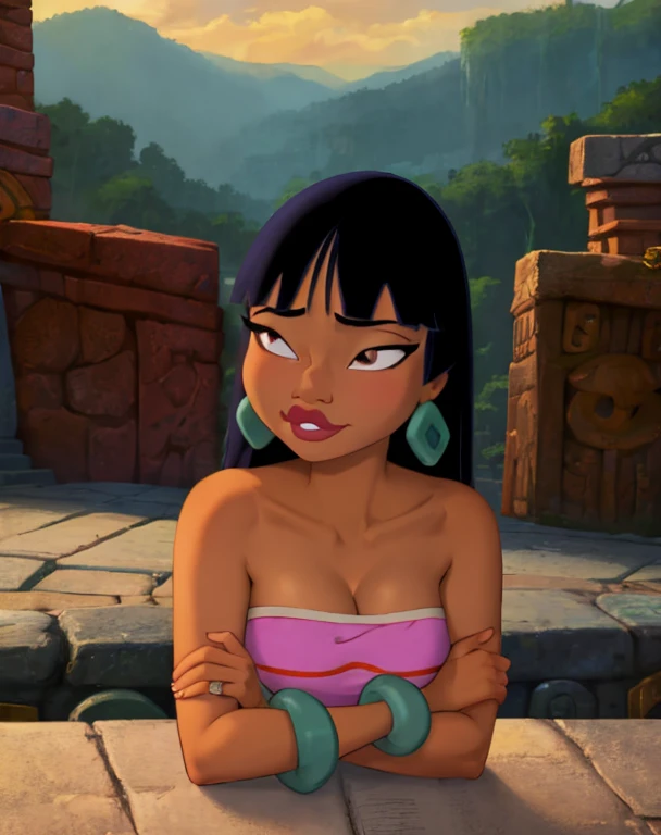 masterpiece, best quality, 1girl, chel, black hair, long hair, blunt bangs, brown eyes, dark skin, lipstick, tube top, cleavage, bare shoulders, emerald earrings, emerald bracelets, upper body, solo, looking at the camera with a smug look on her face, crossing arms, market background
