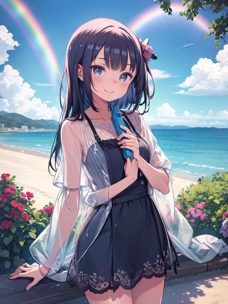 masterpiece、highest quality、High resolution、Very detailed、Medium wide shot、Girl、Water gun、See-through clothing、smile、blue sky、Wet Hair、Water Drop、Watching the audience、summer、rainbow、