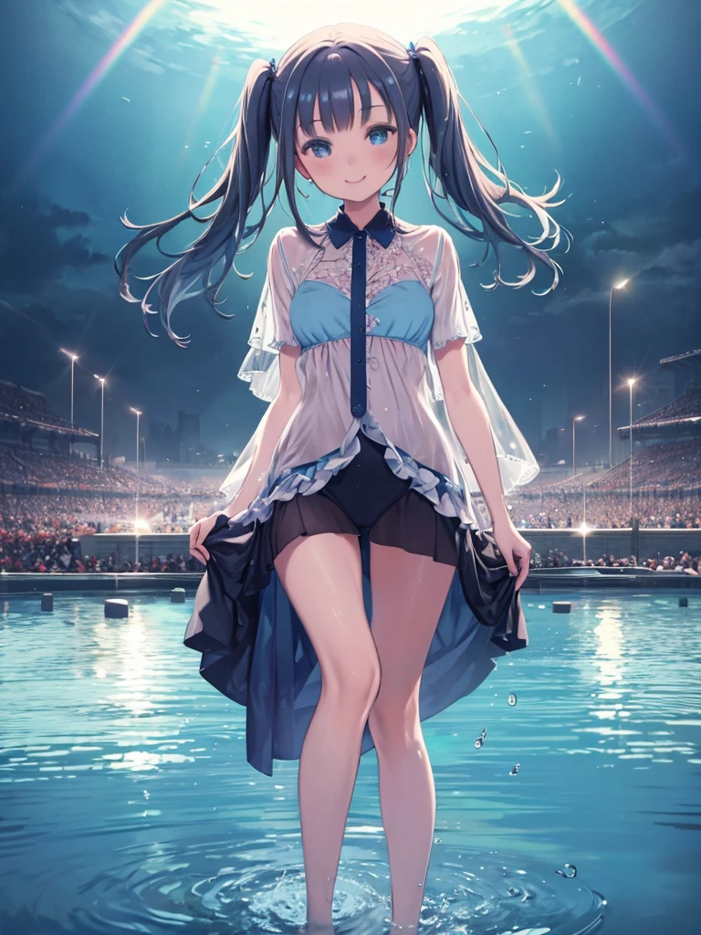 masterpiece、highest quality、High resolution、Very detailed、Medium wide shot、Girl、Water gun、See-through clothing、smile、blue sky、Wet Hair、Water Drop、Watching the audience、summer、rainbow、
