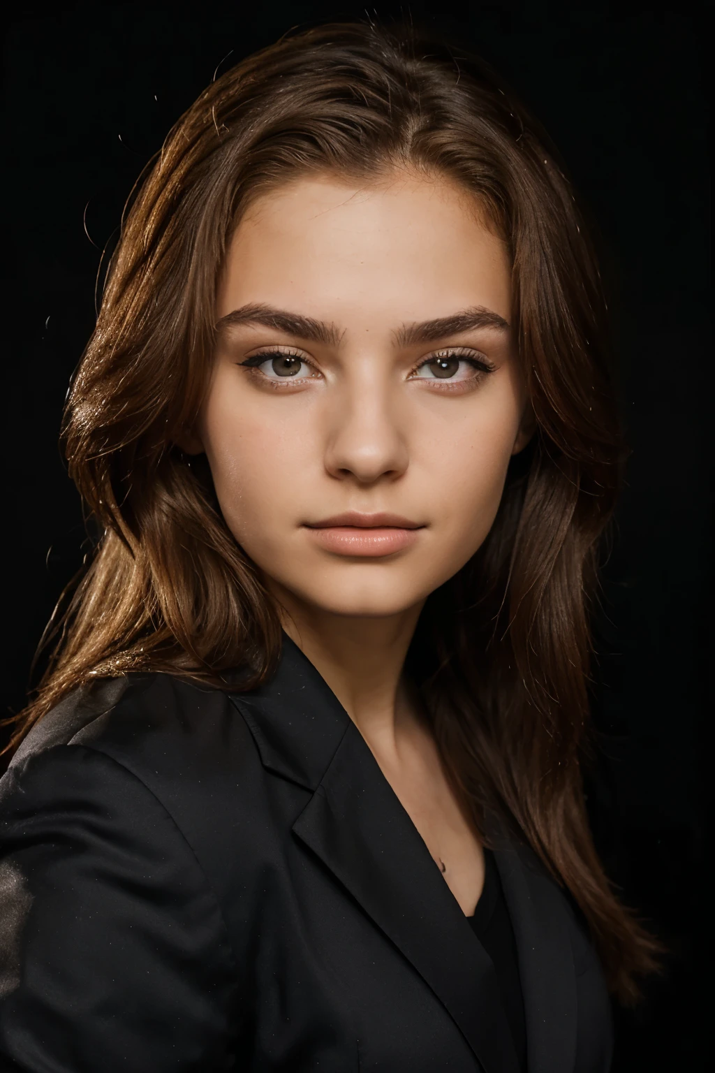 beautiful 20 year old , ljubic, professional portrait, black background, suit, beautiful face,