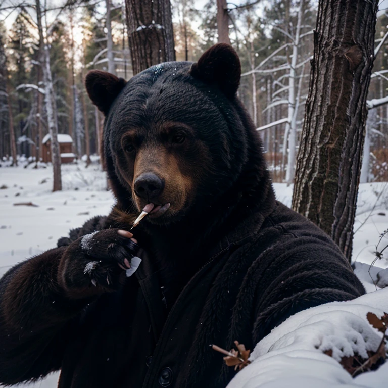 Black bear looking at the camera and smoking a cigarette up in a tree during winter