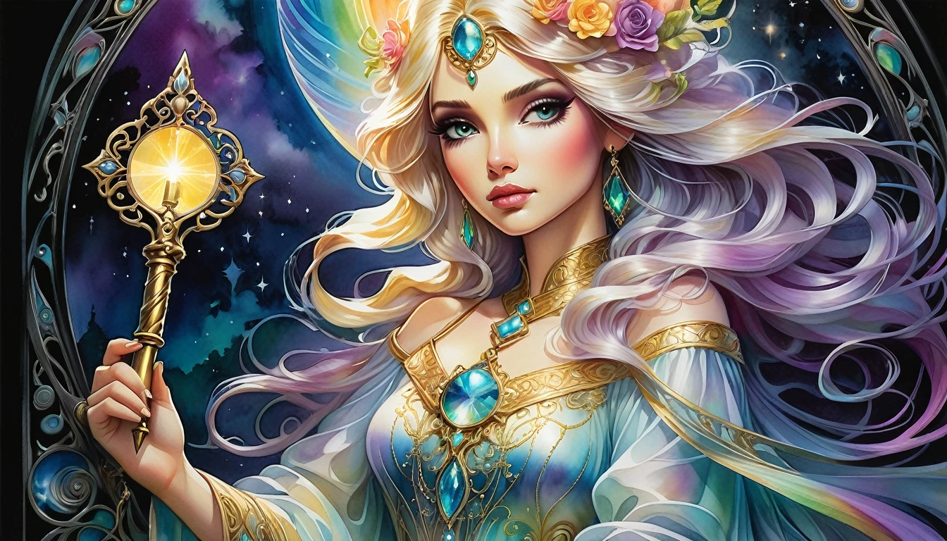 An awe-inspiring watercolor and ink masterpiece inspiring by Jasmine Becket-Griffith and Anne Stokes featuring an enchanting, ethereal, charming woman emanating celestial energy and holding an ancient key in her hands. Extraordinarily well detailed, serene and caring face full of compassion. The artwork is alive with pastel hues, rainbow colors, and a double exposure effect, creating a mesmerizing interplay of light and shadow. Golden light emanate from the central radiant light, casting a soft glow and a mysterious aura around the subject. Drawing inspiration from the styles of Mab Graves and Artgerm, this piece showcases delicate brushstrokes, vivid light effects, and an intricate interplay of dark fantasy elements. The HDR 8K, SSAO, and high-definition rendering enhance the vibrant colors and intricate details, making this illustration truly out of this world, fashionable, and immersive. Golden ratio in the proportions