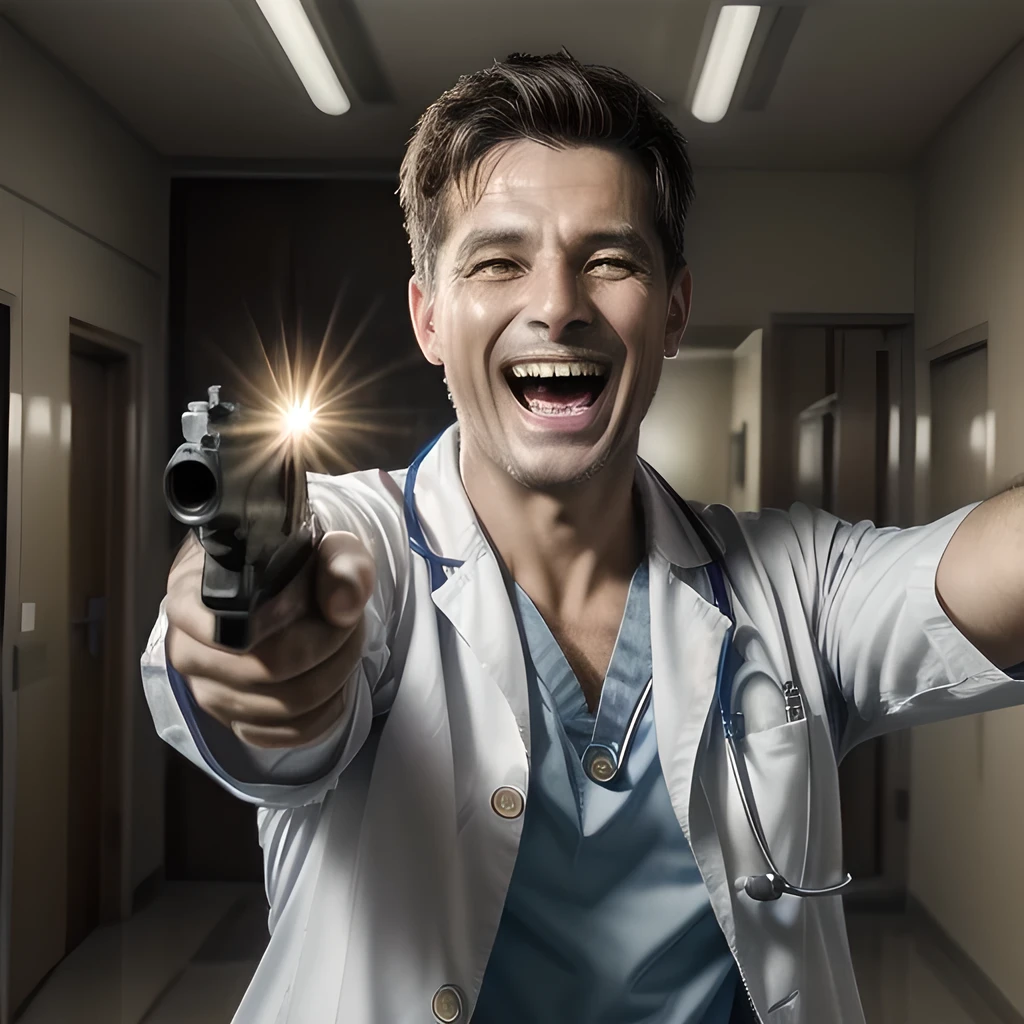 TOP quality,8K, masterpiece, (realistic:1.2), (1man:1.2), 40yo,(laugh:1.5),(doctor),(point the gun at viewer:1.4),(hospital)