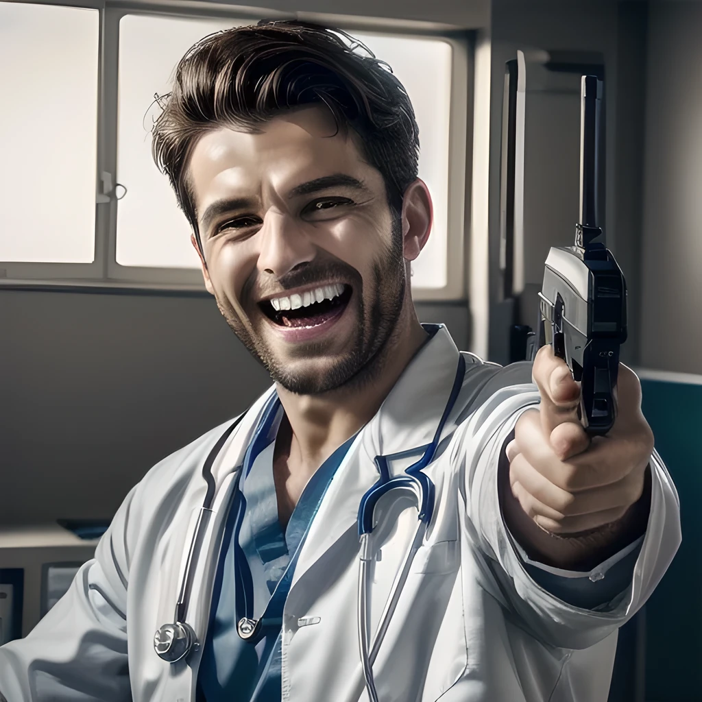 TOP quality,8K, masterpiece, (realistic:1.2), (1man:1.2), 30yo,(laugh:1.5),(doctor),(point the gun at viewer:1.4),(hospital)
