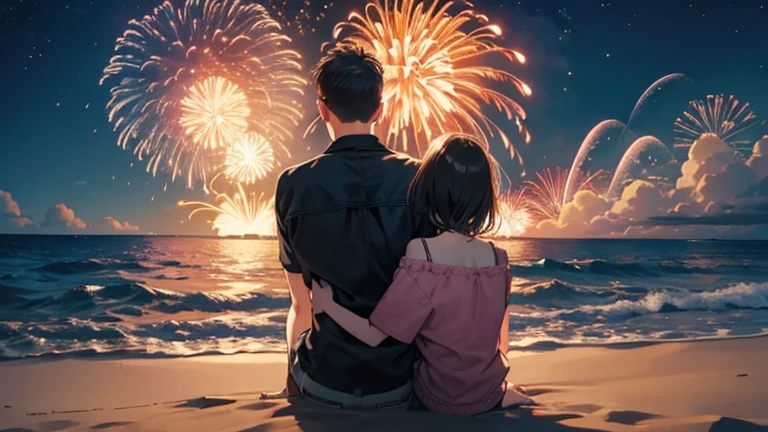 The sea at night A large number of fireworks spreading across the sky The back view of a family sitting on sand and watching fireworks Two boys between a man and a woman Ultra-wide-angle lens