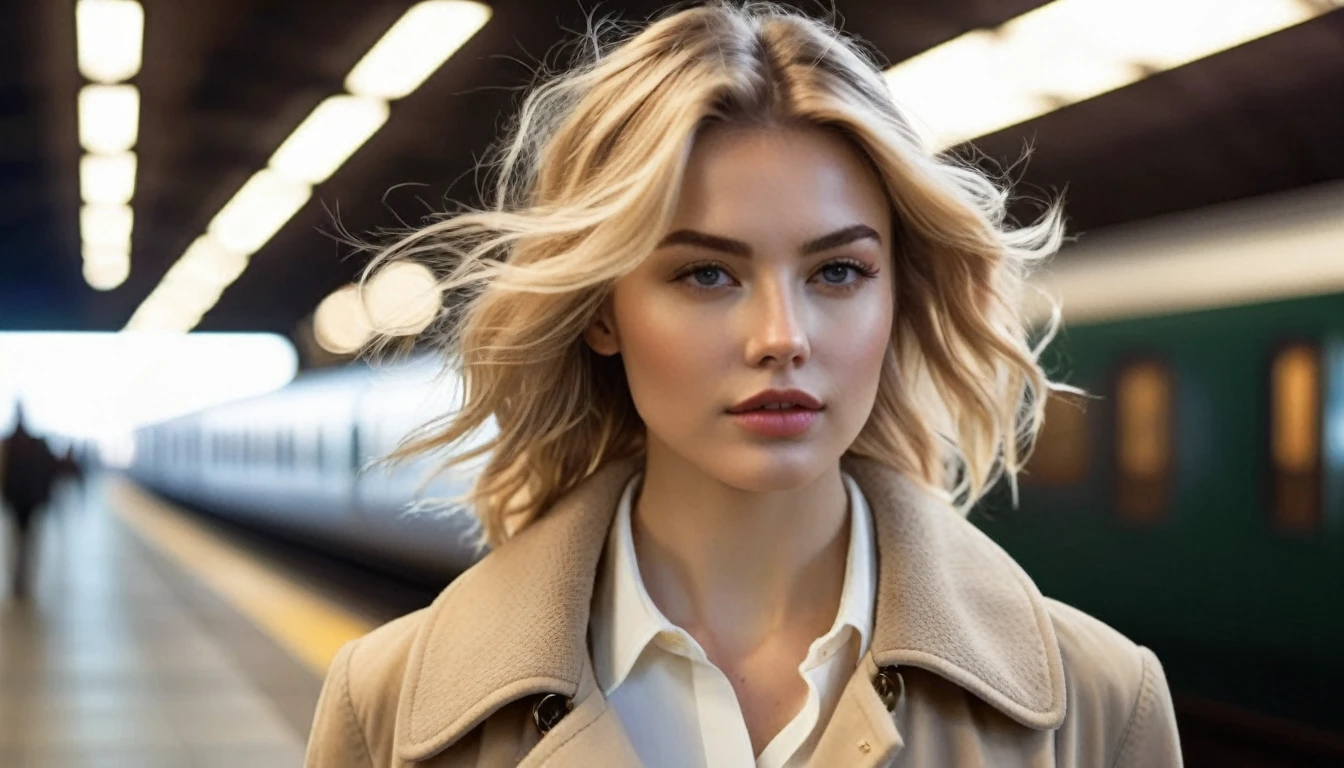 side view full body shot of A beautiful blonde stylish @Marinna walking forward on a platform of the train station in a megacity at night , and turning back to looking back to the viewer, a futuristic train in the background . She has short wavy blonde hair blown in the wind), wearing beige colored coat with white blouse, Award - winning photograph, Masterpiece, 8k, ultra high res, hyper detailed, beautiful woman, perfect face, rule of thirds, highly detailed hair, ((detailed face)), ((detailed facial features)), (finely detailed skin), pale skin, intricate details, amazing fine detail, photorealistic, photograph, photorealism, rich colors, lifelike texture, neutral colors, Soft front light,cinematic lighting, dramatic lighting,dappled light on face, backlight on hair, sharp focus, wide angle, film grain, dslr, raw photo, photographed on Nikon