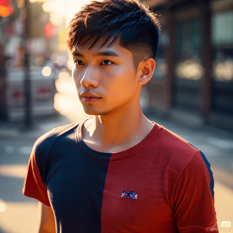 Young Asian man, 35 years old, Short, cropped mohawk hair,) , Looking straight at you intently, alone, กลางแจ้งท้องฟ้ากลางคืนสว่างWarm light,) Warm light,)  professional lighting, Sony A7R4, 50mm sessile lens., ,(T-shirt with red and dark blue pattern,)  Warm light ถ่ายด้วยกล้องคุณภาพสูง 45,000,000,000,Pixels, realistic light colors,