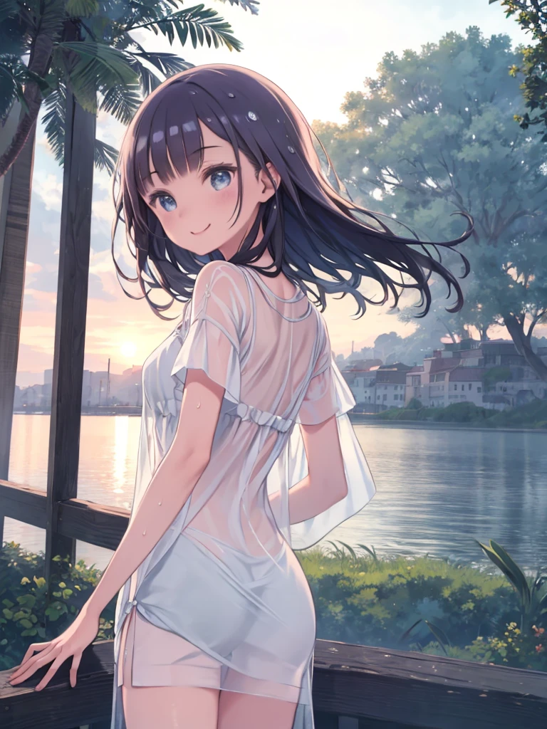 masterpiece、highest quality、High resolution、Very detailed、Medium wide shot、Girl、Looking Back、See-through clothing、smile、after the rain、blue sky、Wet Hair、Water Drop、Watching the audience、summer、rainbow、