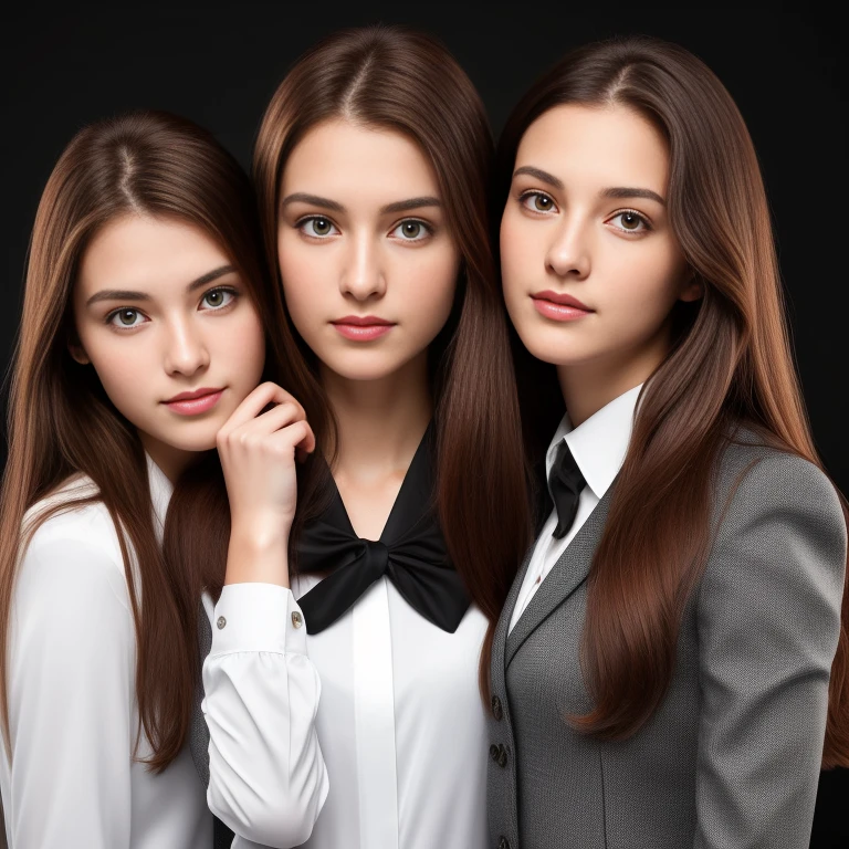 Create a photograph inside a marker of three 18 year old girls, in loving embrace, with long red brown hair, detailed eyes, straight nose, perfect body, full body photograph, wearing an office outfit composed of a black jacket, white silk blouse, and gray pants, (black background type photographic studio), masterpiece, the best quality, hyper high definition, 8K, sharp focus, physically based rendering, extreme detailed description.