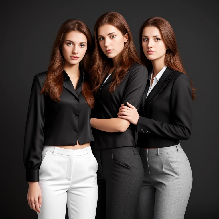 Create a photograph inside a marker of three 18 year old girls, in loving embrace, with long red brown hair, detailed eyes, straight nose, perfect body, full body photograph, wearing an office outfit composed of a black jacket, white silk blouse, and gray pants, (black background type photographic studio), masterpiece, the best quality, hyper high definition, 8K, sharp focus, physically based rendering, extreme detailed description.