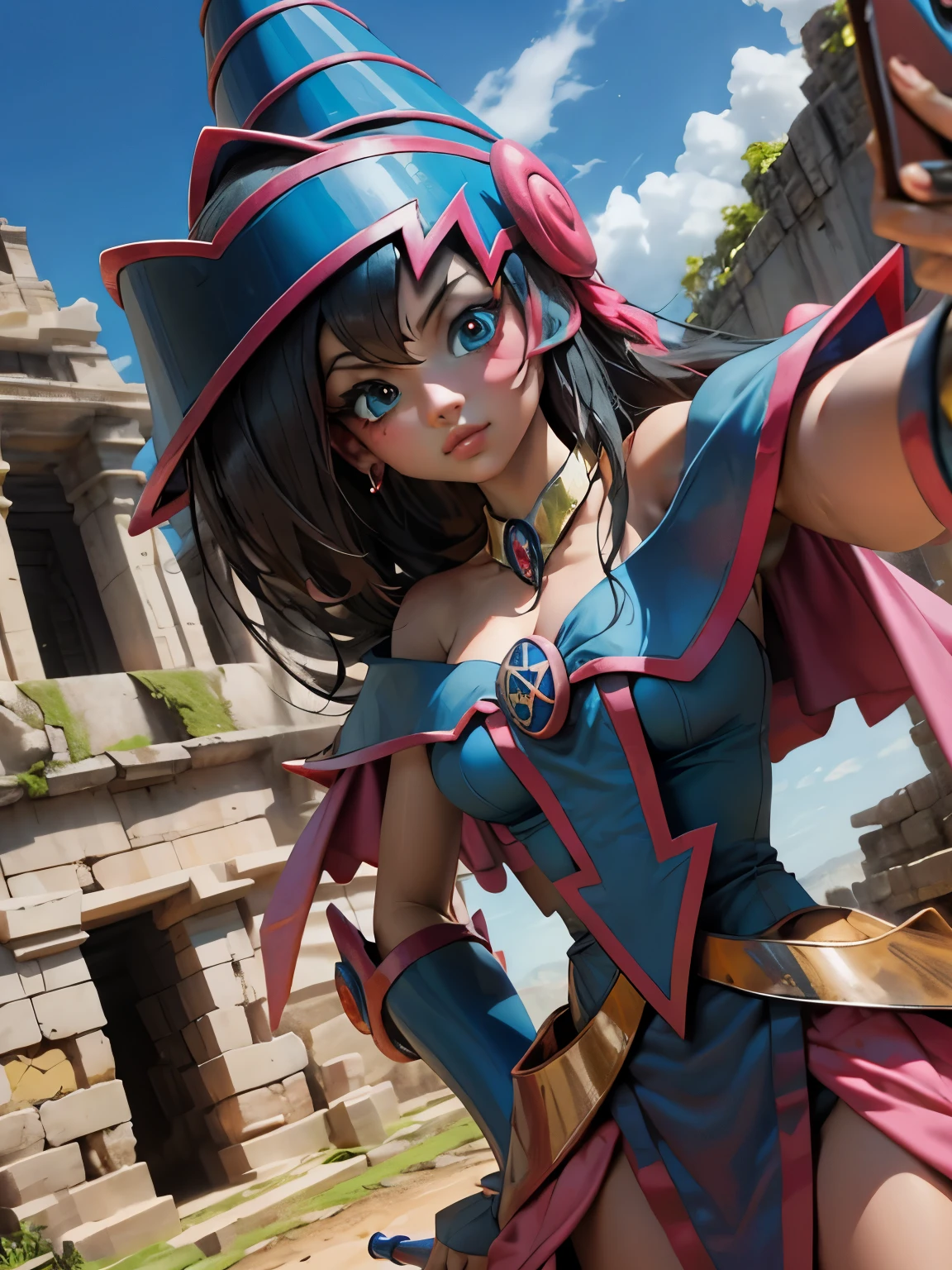 Dark magician taking a selfie in some Mayan ruins. Ella tiene cabello rubio. ojos azules. Labios rojos. Se toma una selfies en unas ruinas mayas. Selva y jaguares a si alrededor