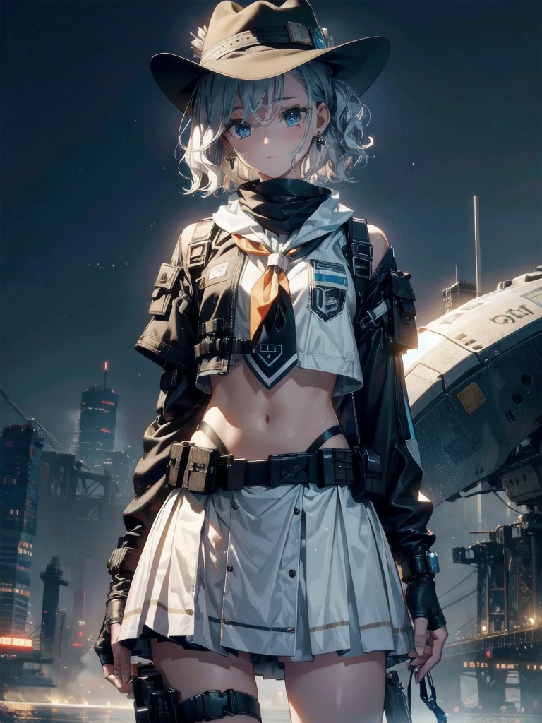 Sci-Fi fashion, high-tech Equipment, future, cowgirl costume, vest, cowboy hat, fingerless gloves, midriff, neckerchief, short skirt, holster, absurdres, RAW photo, extremely delicate and beautiful, masterpiece, Best Quality, ultra high resolution, 32k, hyperrealistic, ultra-detailed, detailed description, pale skin, 20 years old, tearful mole, earring, short medium hair, wavy hair, whole body shot,