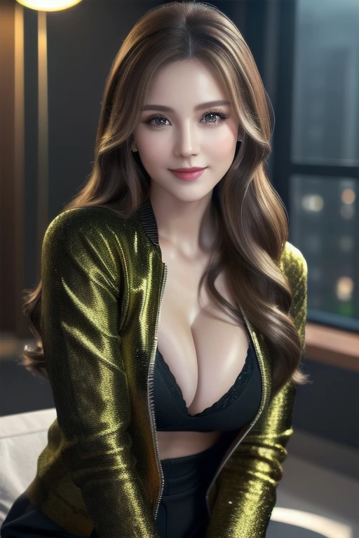 a beautiful russian woman in her 20s, light brown hair, fine white skin, attractive face, tight waist, cleavage, smiling kindly, active posing, detailed eyes, beautiful detailed nose, beautiful detailed lips, long eyelashes, perfectly balanced body, rough hairstyle, (best quality,8k,highres,masterpiece:1.2),ultra-detailed,(realistic,photorealistic,photo-realistic:1.37),HDR,UHD,studio lighting,ultra-fine painting,sharp focus,physically-based rendering,extreme detail description,professional,vivid colors,bokeh,portrait,seductive gaze,sitting with legs crossed, wearing a loose jacket,black clothes