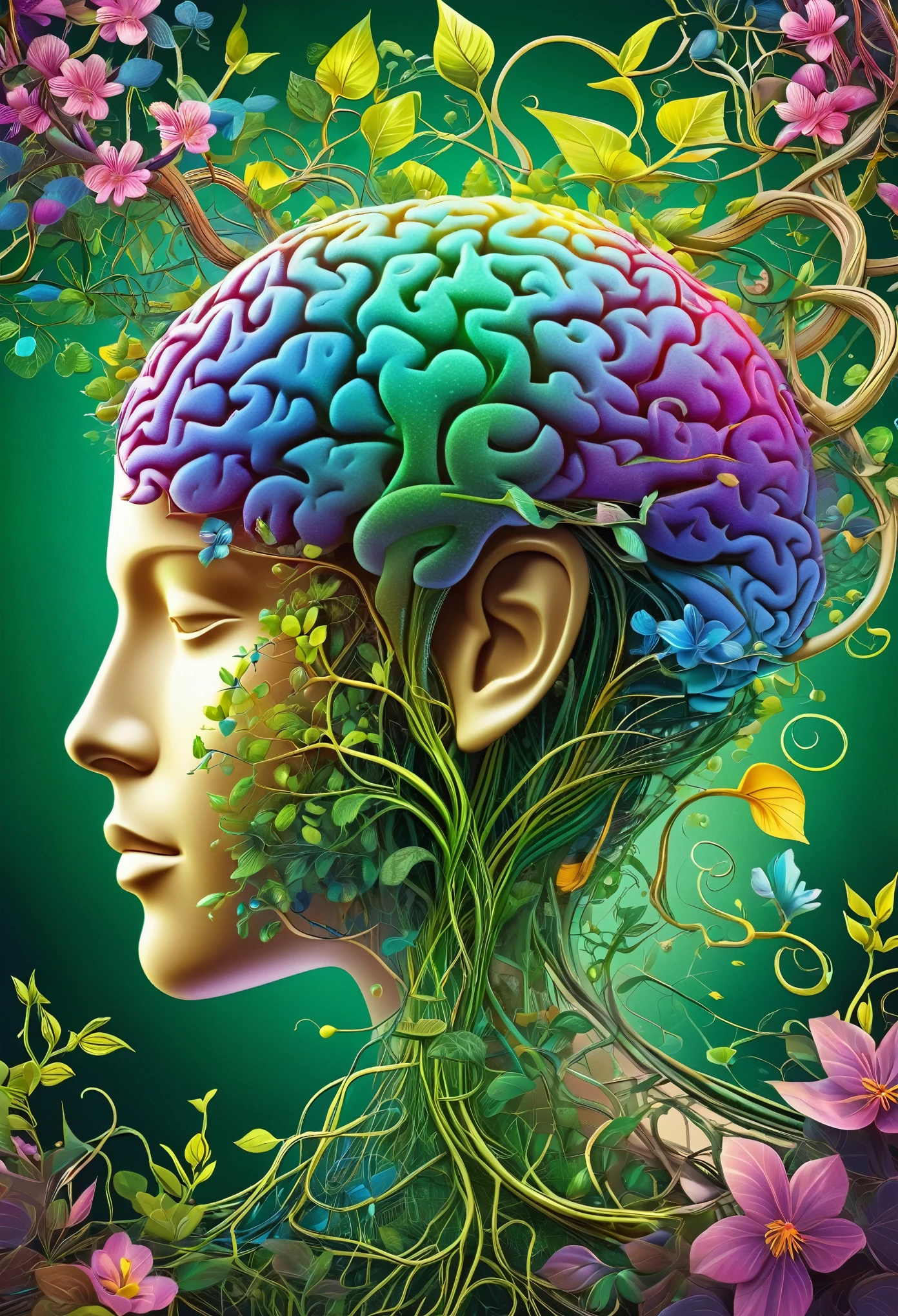 A mesmerizing digital illustration of a human brain. The brain CONSISTS ENTIRELY OF intricately woven with trees, vines, and flowers, which are sprouting from the brain stem, creating a surreal and organic fusion of nature and intelligence. The vines branch out, forming complex neural networks that are translucent and extend into the surroundings. The brain is depicted without bones and skin, purely composed of the vegetation, showcasing the interconnectedness of nature and human cognition. The illustration is rendered with extreme detail, capturing every intricate texture of the trees, vines, and flowers, creating a visually stunning masterpiece. The colors of the illustration are vivid and vibrant, with a color palette dominated by various shades of green and violet, representing growth, life, and harmony. Some flowers bloom in vibrant hues of pink, blue, and yellow, adding pops of color to the overall composition. It is a true masterpiece of digital art. (best quality, ultra-detailed, realistic