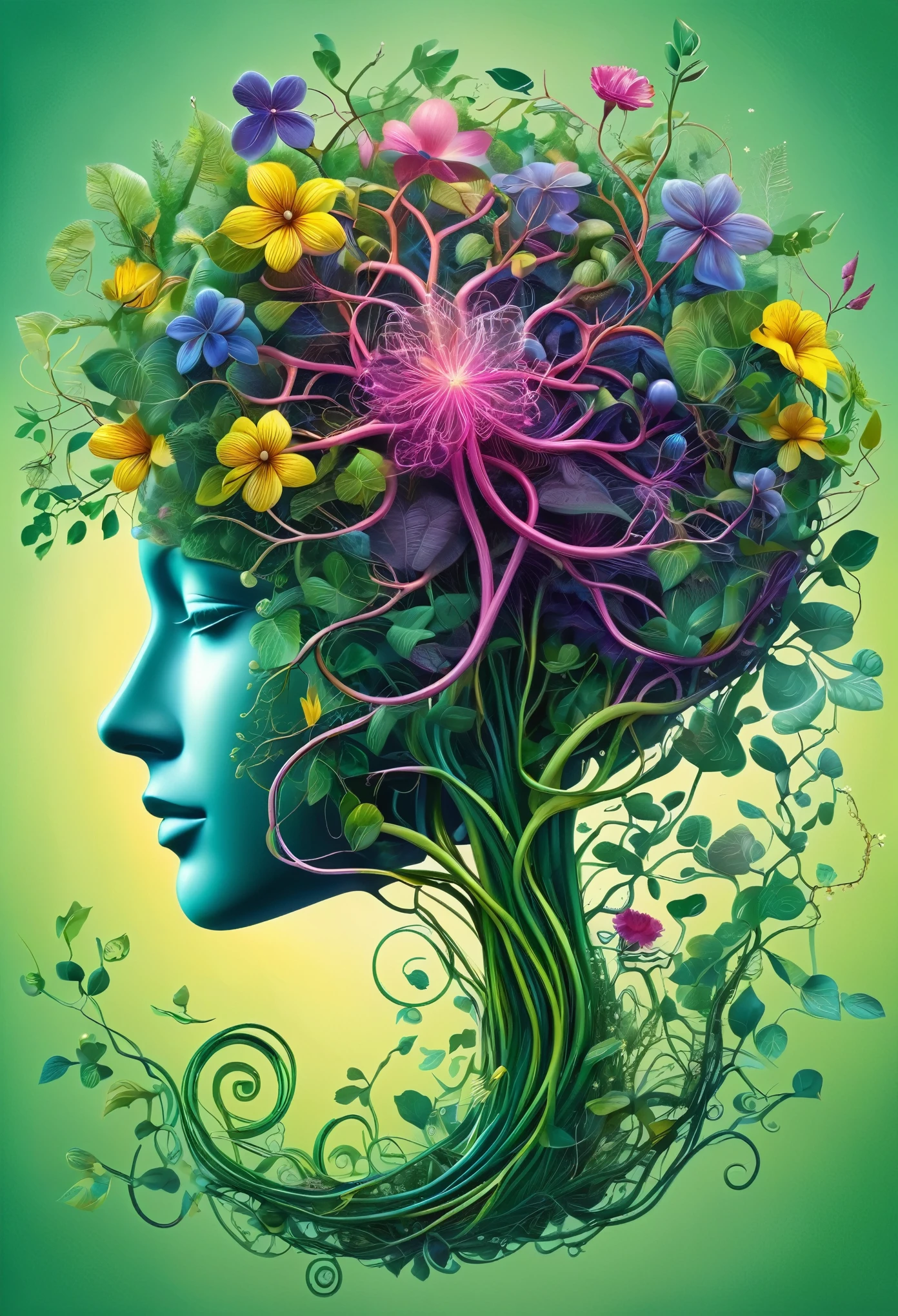 A mesmerizing digital illustration of a human brain. The brain CONSISTS ENTIRELY OF intricately woven with trees, vines, and flowers, which are sprouting from the brain stem, creating a surreal and organic fusion of nature and intelligence. The vines branch out, forming complex neural networks that are translucent and extend into the surroundings. The brain is depicted without bones and skin, purely composed of the vegetation, showcasing the interconnectedness of nature and human cognition. The illustration is rendered with extreme detail, capturing every intricate texture of the trees, vines, and flowers, creating a visually stunning masterpiece. The colors of the illustration are vivid and vibrant, with a color palette dominated by various shades of green and violet, representing growth, life, and harmony. Some flowers bloom in vibrant hues of pink, blue, and yellow, adding pops of color to the overall composition. It is a true masterpiece of digital art. (best quality, ultra-detailed, realistic