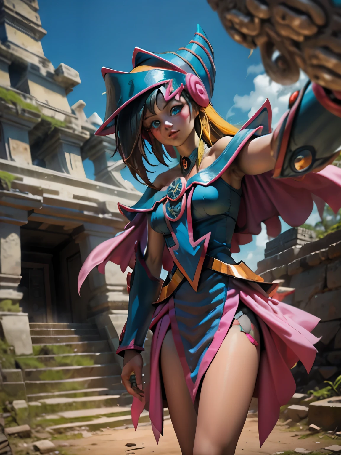 Dark magician taking a selfie in some Mayan ruins. Ella tiene cabello rubio. ojos azules. Labios rojos. Se toma una selfies en  unas ruinas mayas. Selva y jaguares a si alrededor 
