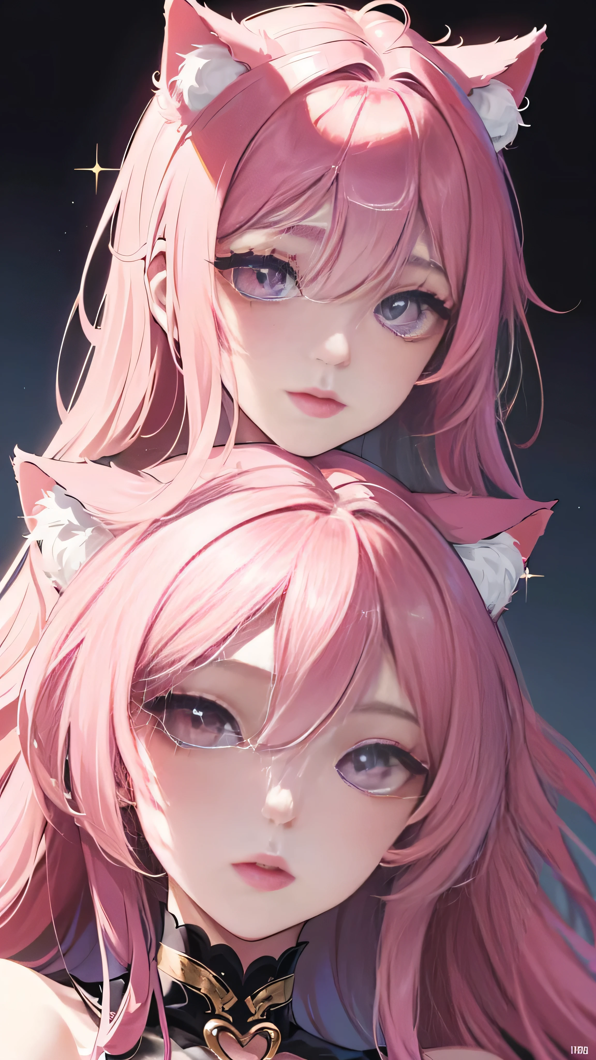 (Masterpiece, Best Illustration) High Resolution, Intimate Close-Up, Velvety Soft Skin,
[(Cat Ears, Black Fur, Pink Glowing Insides: 1.2), (Passionate Kiss, Romantic, Intimate): 1.3]

This captivating illustration showcases a soft-focus, intimate close-up of a unique feline-human hybrid, with velvety soft skin, adorned with ethereal cat ears that carry a hint of a luminous pink glow. The eyes, contrasting in black, sparkle with the intensity of their gaze as they lock eyes in a moment of deep affection, a romantic and intimate