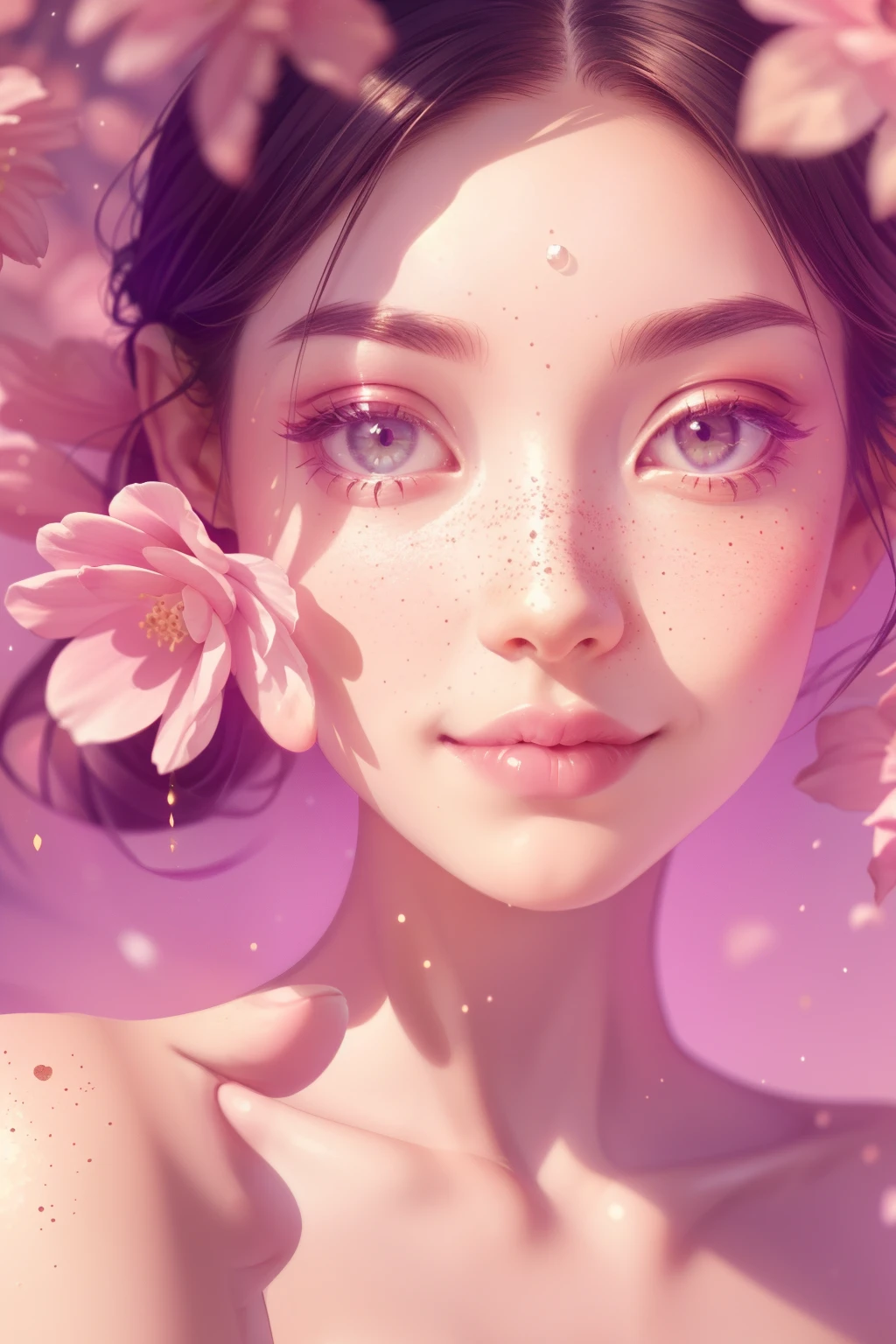 (This is a beautiful, intricate, (romatic) fantasy image that emphasizes beauty and grace.) Generate a blind curvy woman with milky eyes and soft natural freckles. Her face is important and should be (perfectly formed) with (beautiful puffy lips) and (perfect features). There is a cute freckle birthmark on her lip. The image exudes ethereal beauty and soft fantasy, with shimmering shades of pink throughout. Surround her with eternal roses in shimmering shades. Ensure perfection in her face, hair, and eyes. Include sweet and detailed birds and soft, luminous flowers and detailed roses. Utilize dynamic composition and dramatic lighting and cinematic lighting to create an interesting fantasy image. The background of the image is interesting and ultra-detailed, with soft fantasy lighting and gradients. Include fantasy details, cute aura, colorful, colourful, and interesting magical background. The image's background is decorated in shades of pink, shimmer, glitter, and fantasy details like colored bubbles and cosmos. Include subtle freckles, natural freckles and a diffused realistic skin tone. Incorporate elements of high fantasy, whimsy, and detailed elegance. English rose, princess, courtesan, noblewoman, sweet, lovely, calm, lovely, shimmering, glimmering, glittering, astrological fantasy, (((masterpiece))), (highest quality), magic rose, fantasy garden, beautiful face, perfect face, puffy lips, interesting, shy smile, fantasy elements, magic rose, beautiful eyes, perfect puffy lips, jewel tones, luminosity. Taken with a canon camera.