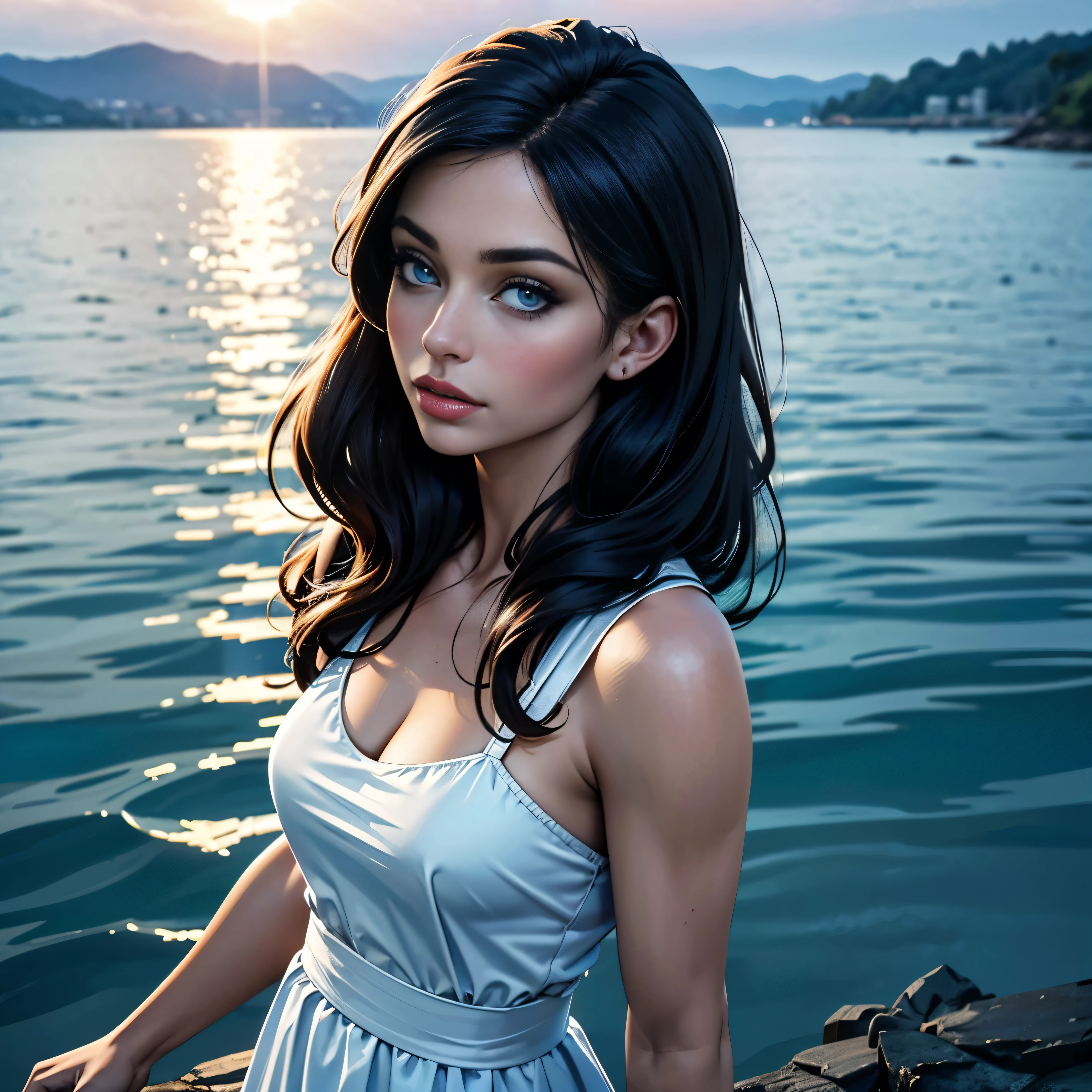 A beautiful woman standing on the shore, long flowing hair, delicate facial features, deep captivating eyes, full sensual lips, wearing a sheer flowing dress that clings to her curves, the sunlight glistening on her skin, the calm waters of a lake or ocean in the background, (best quality,4k,8k,highres,masterpiece:1.2),ultra-detailed,(realistic,photorealistic,photo-realistic:1.37),extremely detailed eyes and face,longeyelashes,high fashion,elegant,alluring,romantic,sensual