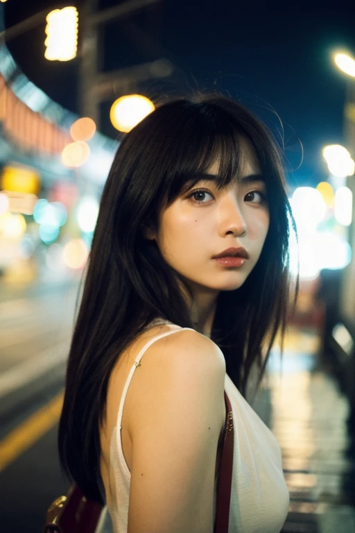 (Cinematic Aesthetics:1.4) Foto de uma linda modelo coreana bokeh city night