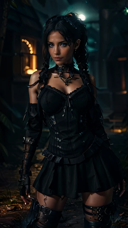 High-resolution ultra detailed photography, A European woman with long legs and a curvy feminine body shape, hairstyle should consist of braided pigtails, European woman with bright eyes, face and body depicted realistically and in ultra detail, model pose full body, clothing ultra detailed gothic dress with slit on the sides and steampunk elements and high heel boots, photo background of night forest with bioluminescent plants in a dark mood, 