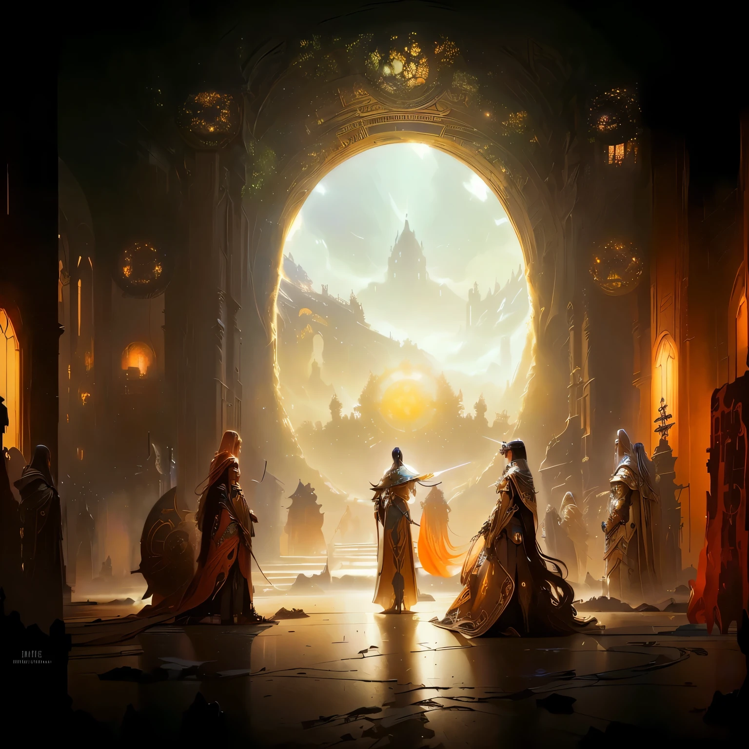 there are  À  gauche et à  droite, deux femmes vêtues de robes victorienne orange portant un casque spatial in a large room with a large circle, elegant cinematic fantasy art, symmetrical epic fantasy art, cinematic fantasy painting, epic fantasy sci fi illustration, marc simonetti. intricate, wide angle fantasy art, ancient science fiction art, epic surrealism 8k oil painting, mystical sci-fi concept art, beeple and alphonse mucha