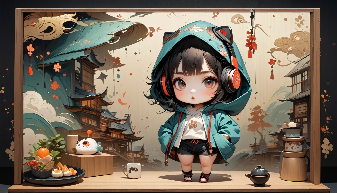 (((8k, Masterpiece, high resolution, highest quality, highest quality real texture skin))), ((wearing Japanese pattern headphones)), (Beautiful Japanese woman with a very well-shaped face, height 155cm, beautiful glossy lips, whole body, hoodie), (Covers the hood, hands in pockets: 1.5, Japanese style shorts), (Outer box: 1.2, Japanese pattern hoodie, super mini shorts), (black hair, messy hair, beige skin), ((background design, Japanese cafe)), (surreal, digital painting)