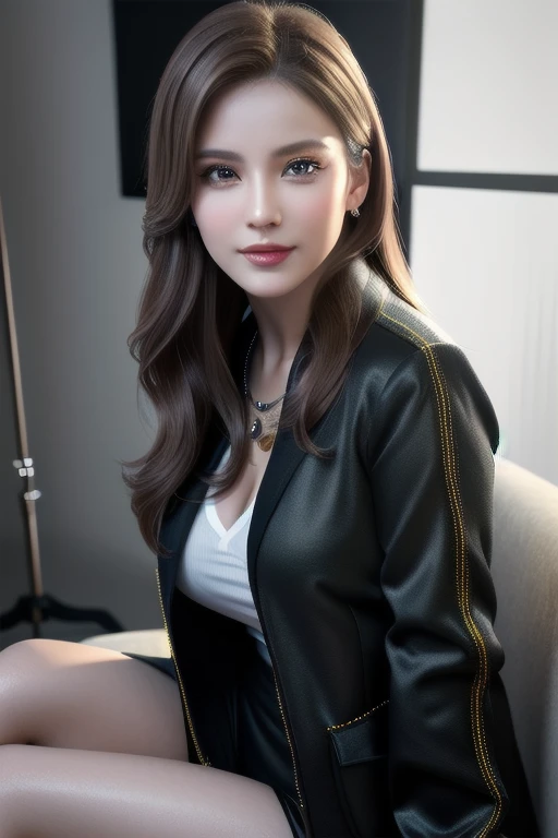 a beautiful russian woman in her 20s, light brown hair, fine white skin, attractive face, tight waist, cleavage, smiling kindly, active posing, detailed eyes, beautiful detailed nose, beautiful detailed lips, long eyelashes, perfectly balanced body, (best quality,8k,highres,masterpiece:1.2),ultra-detailed,(realistic,photorealistic,photo-realistic:1.37),HDR,UHD,studio lighting,ultra-fine painting,sharp focus,physically-based rendering,extreme detail description,professional,vivid colors,bokeh,portrait,seductive gaze,sitting with legs crossed, wearing a loose jacket,black clothes,Tying up hair